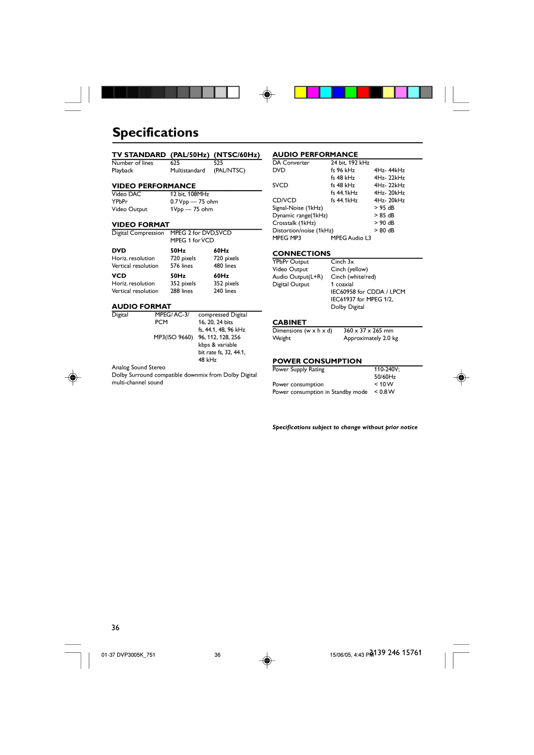 Philips DVP3005K/74 user manual Specifications, Video Format 