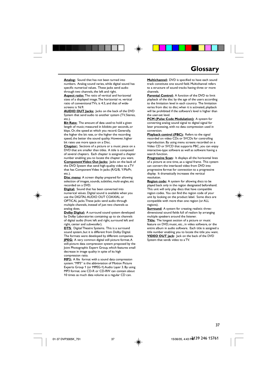 Philips DVP3005K/74 user manual Glossary 