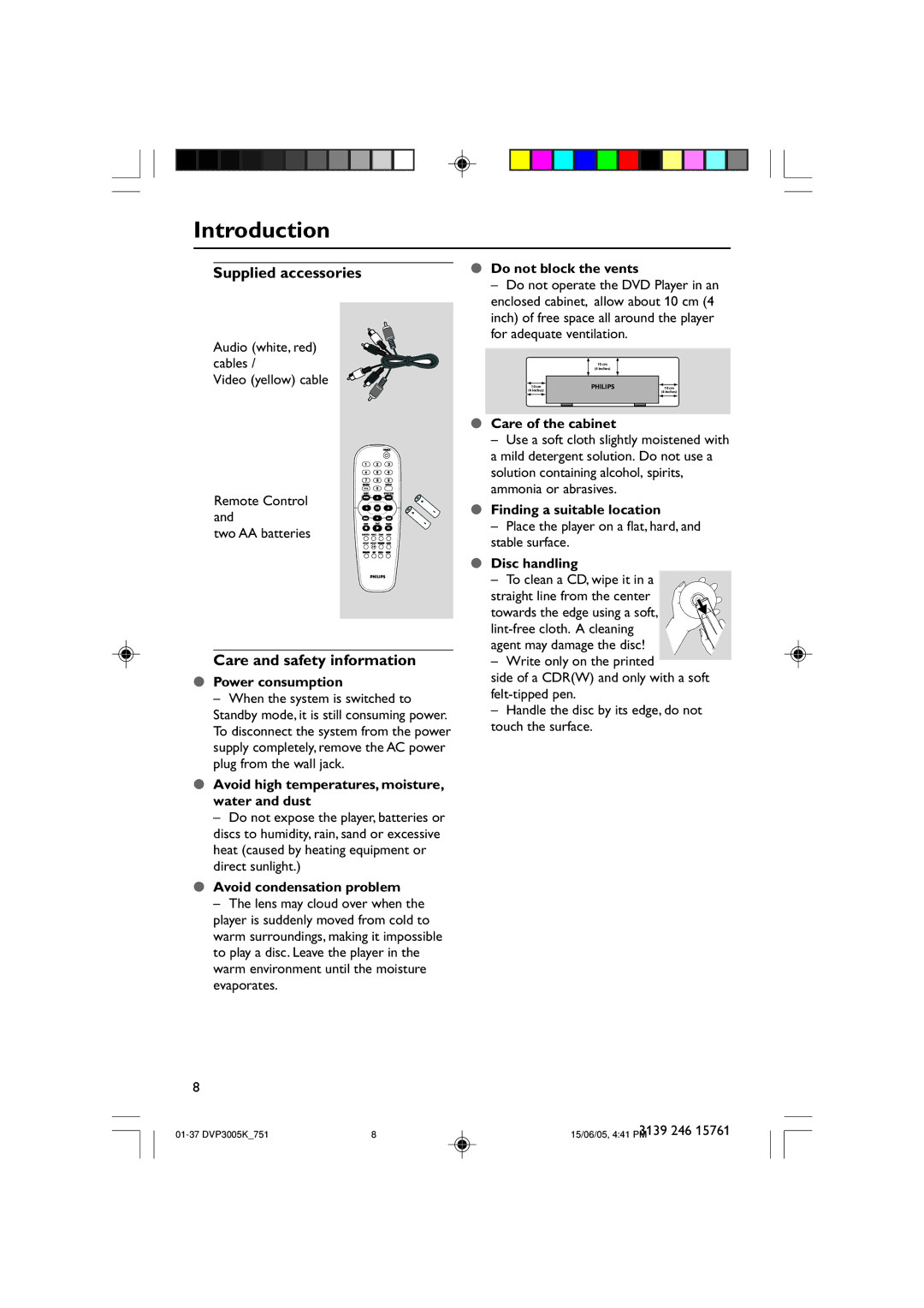 Philips DVP3005K/74 user manual Introduction, Supplied accessories, Care and safety information 