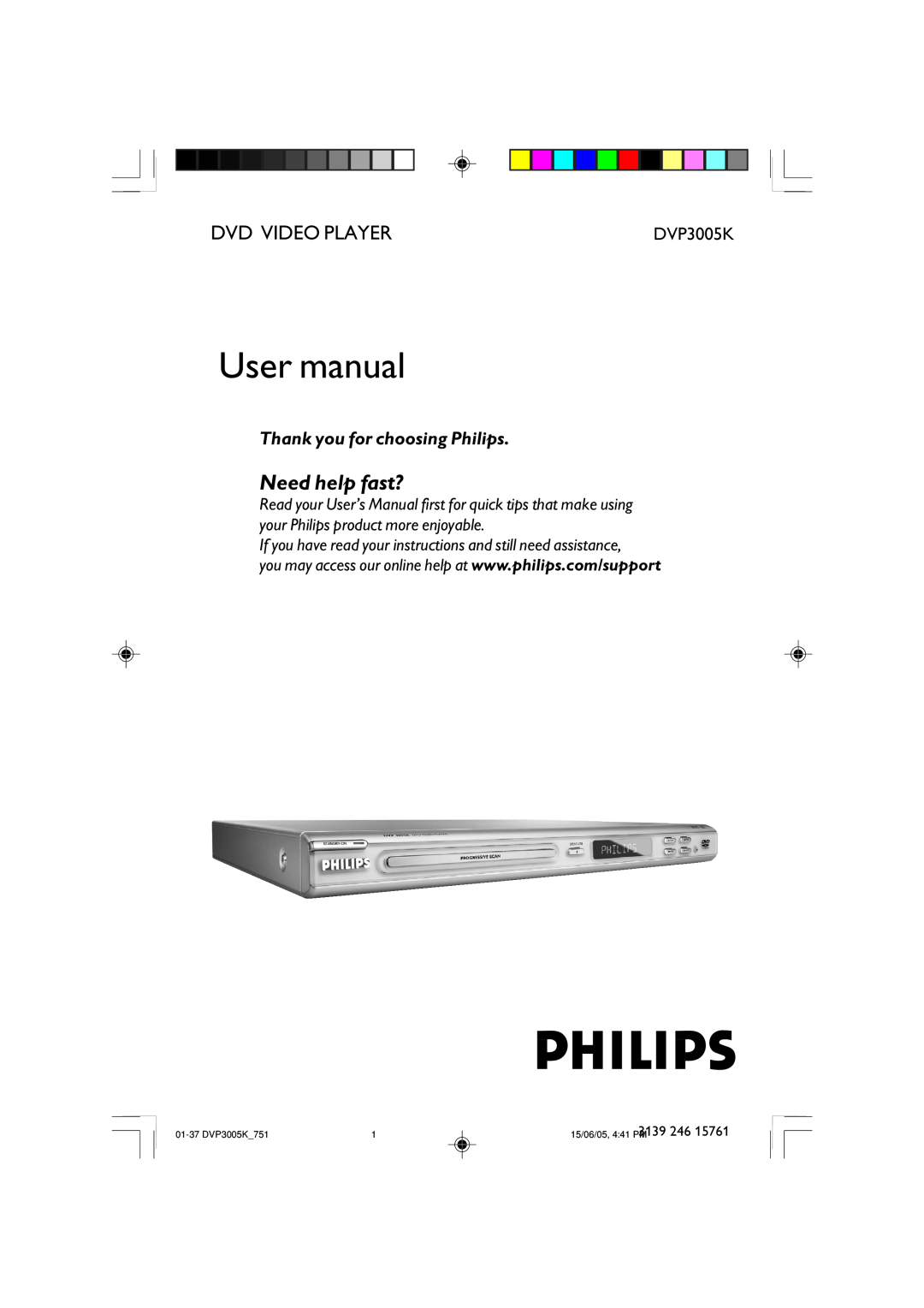 Philips DVP3005K/74 user manual User manual, Need help fast?, Dvd Video Player, Thank you for choosing Philips 