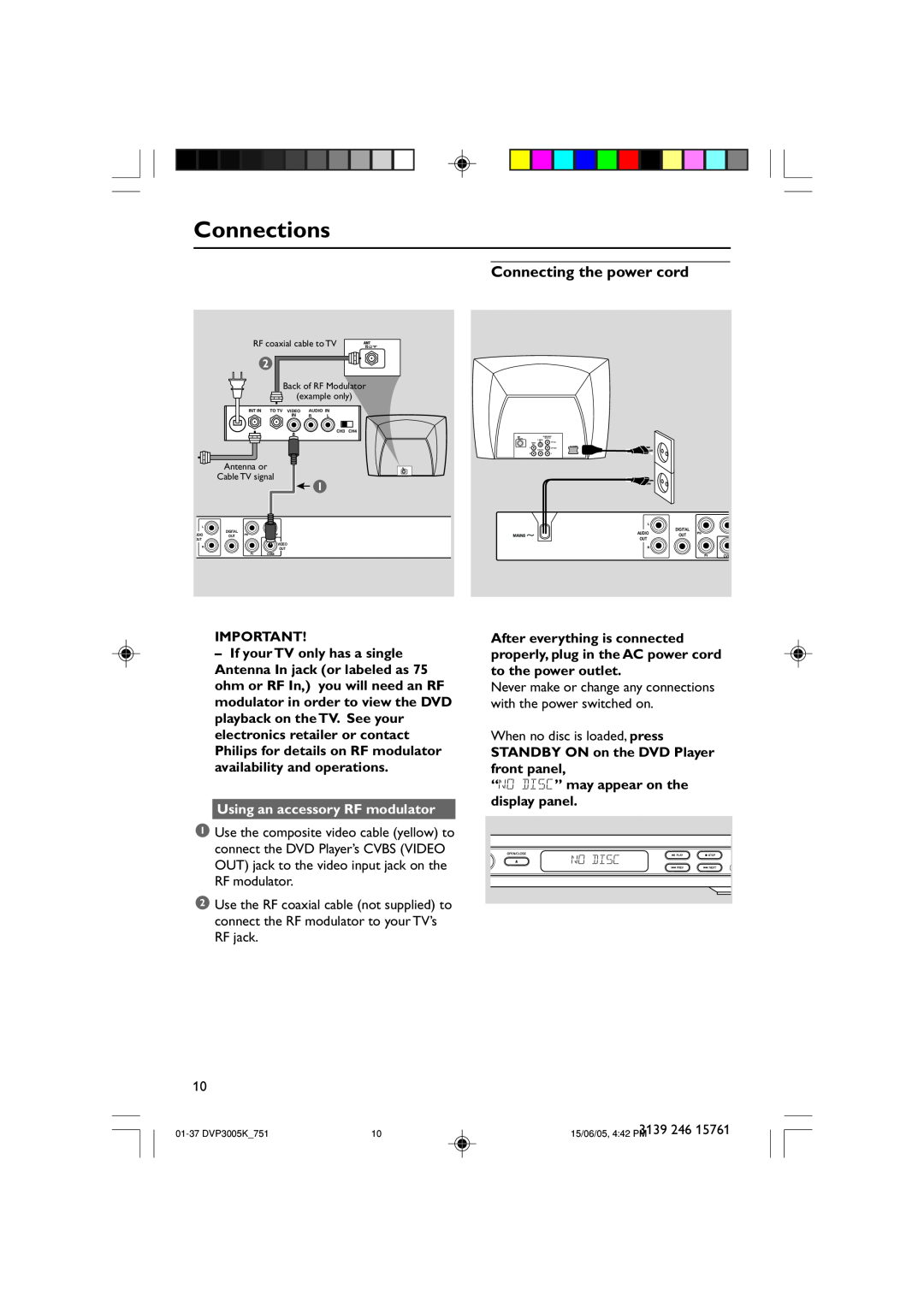 Philips DVP3005K/74 user manual Connections, Connecting the power cord, Using an accessory RF modulator 