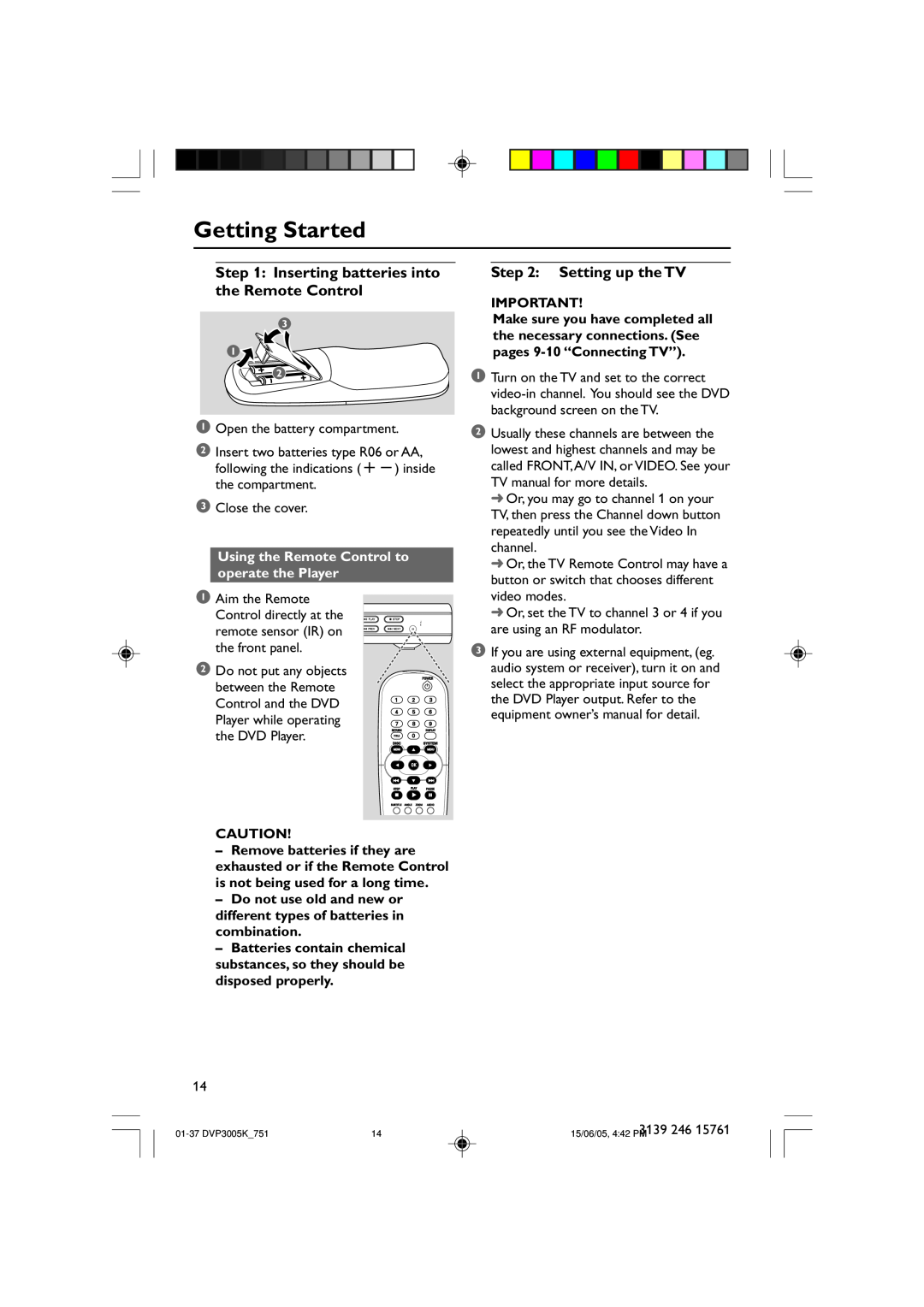 Philips DVP3005K/74 user manual Getting Started, Inserting batteries into the Remote Control, Setting up the TV 