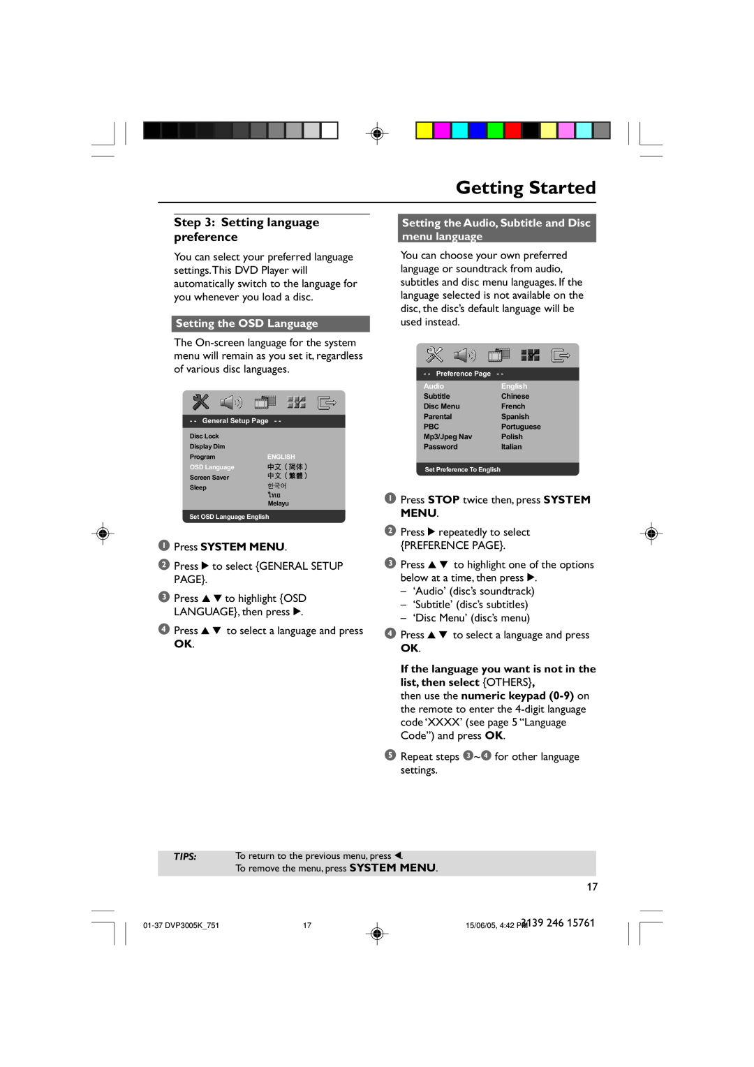 Philips DVP3005K/74 user manual Setting language preference, Setting the OSD Language, Press SYSTEM MENU, Getting Started 