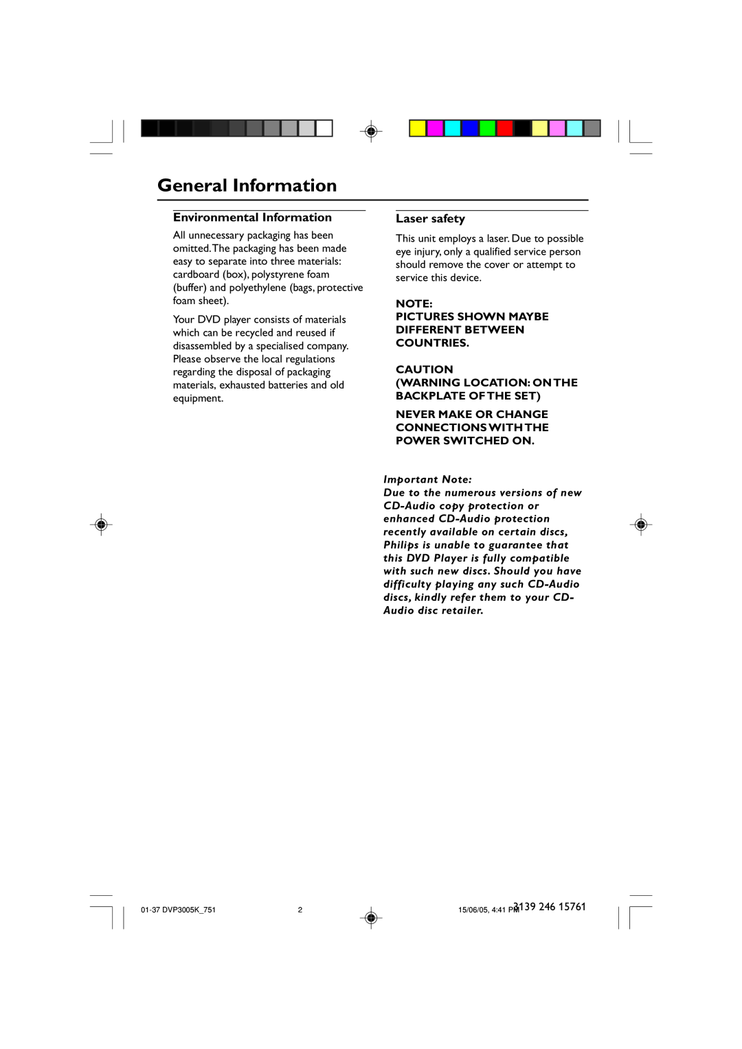 Philips DVP3005K/74 user manual General Information, Environmental Information, Laser safety, Important Note 