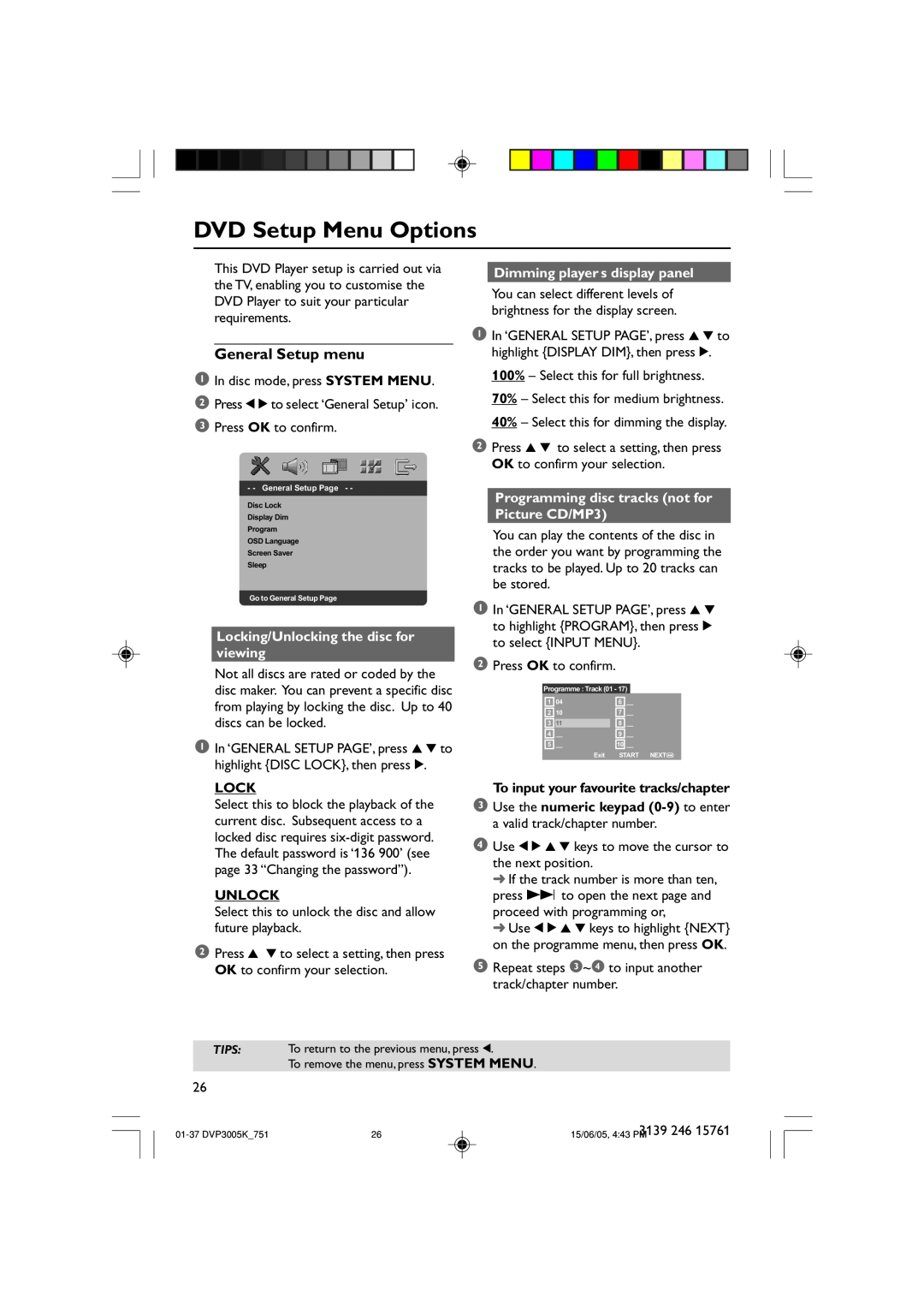Philips DVP3005K/74 user manual DVD Setup Menu Options, General Setup menu, Locking/Unlocking the disc for viewing 