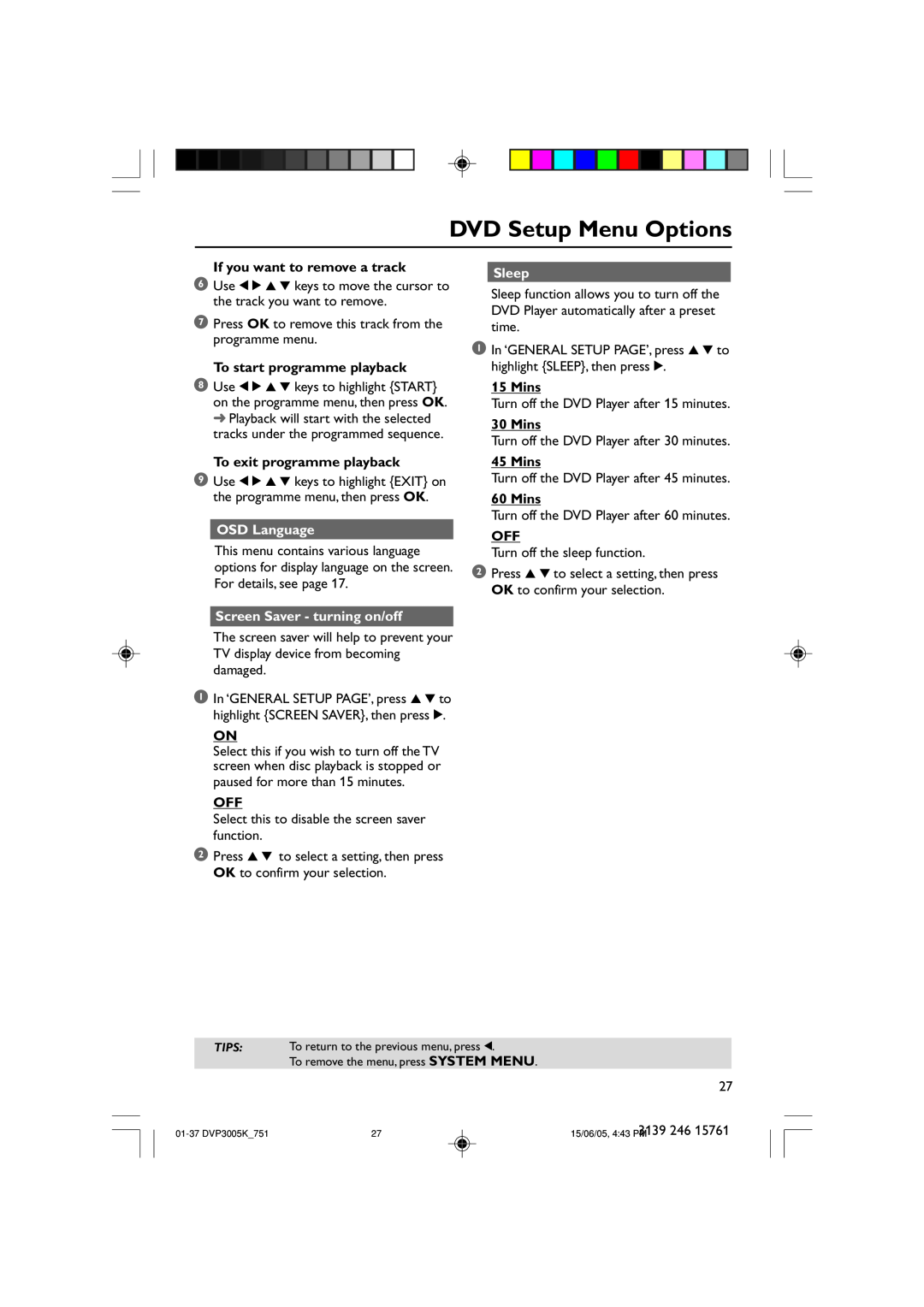 Philips DVP3005K/74 user manual Sleep, Mins, DVD Setup Menu Options 