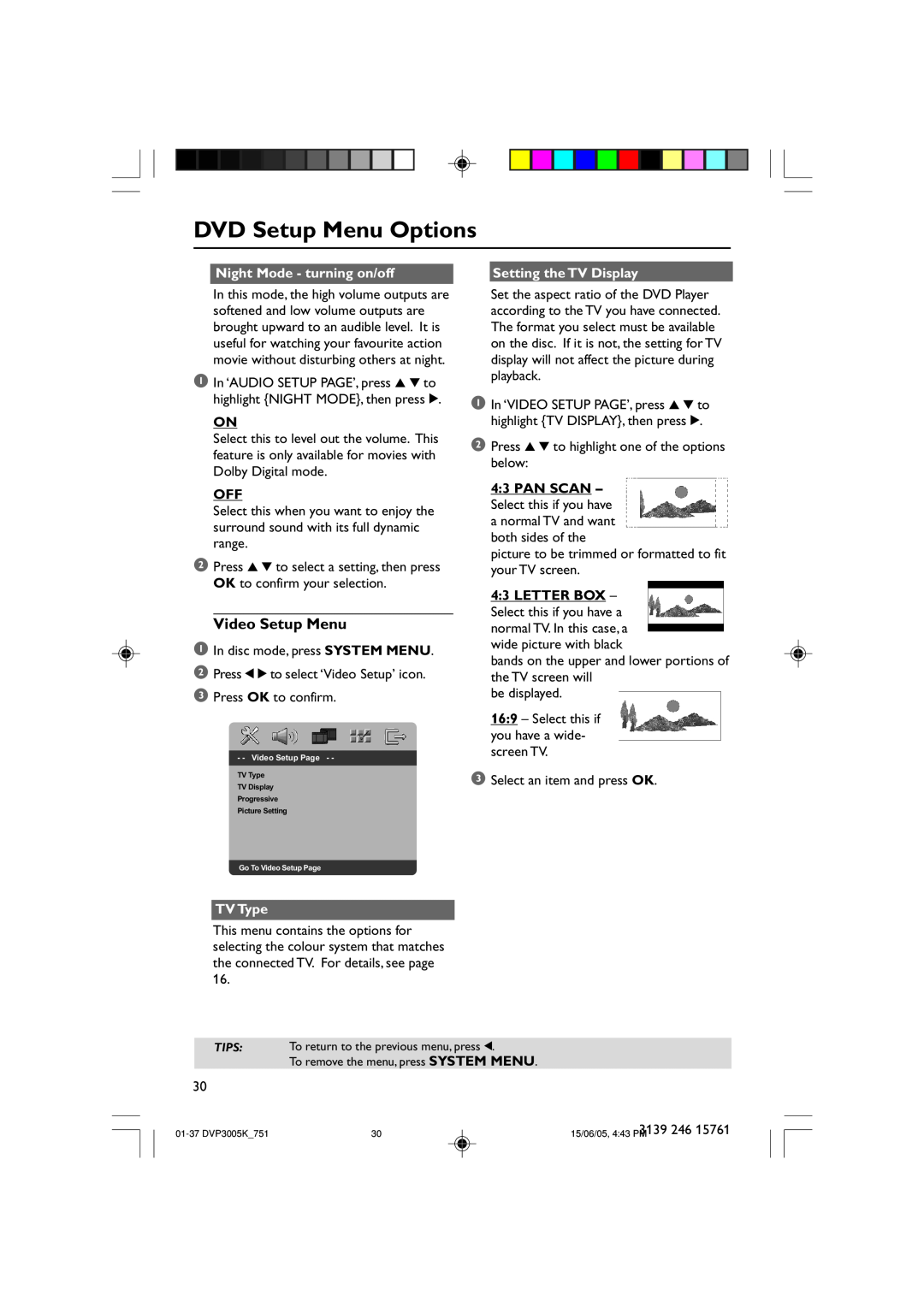 Philips DVP3005K/74 Video Setup Menu, Night Mode - turning on/off, Setting the TV Display, TV Type, DVD Setup Menu Options 