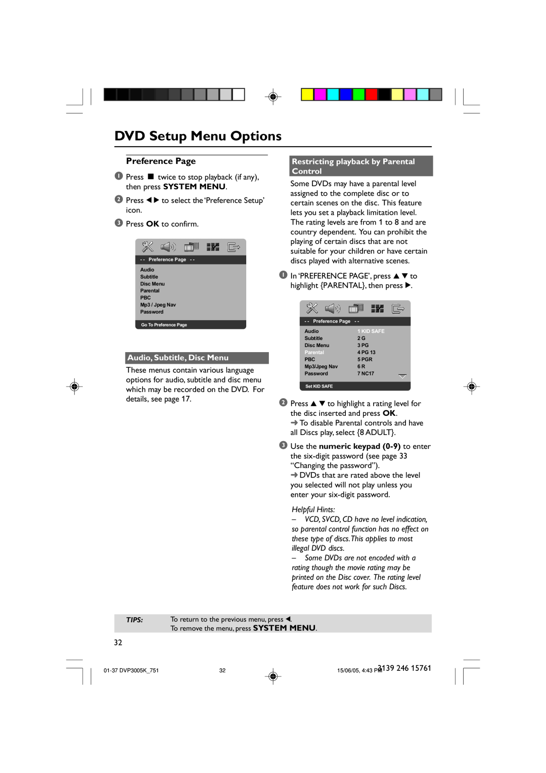 Philips DVP3005K/74 Preference Page, Restricting playback by Parental Control, Audio, Subtitle, Disc Menu, Helpful Hints 