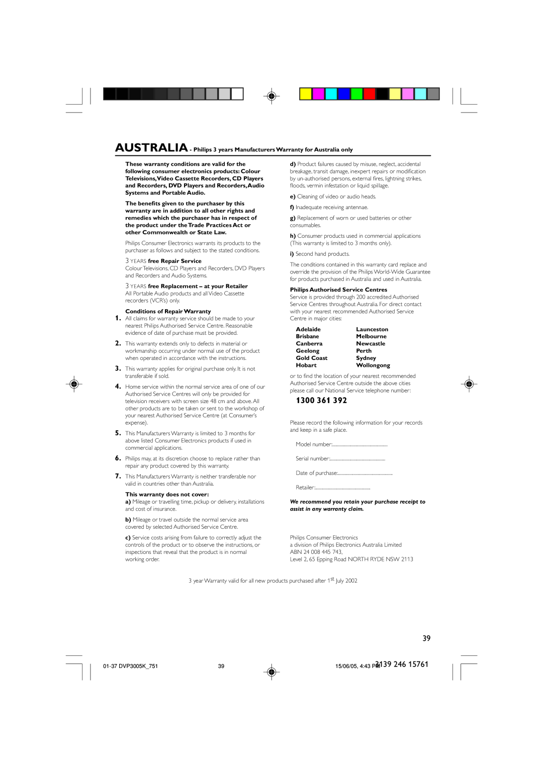 Philips DVP3005K/74 user manual 1300 361, AUSTRALIA - Philips 3 years Manufacturers Warranty for Australia only 