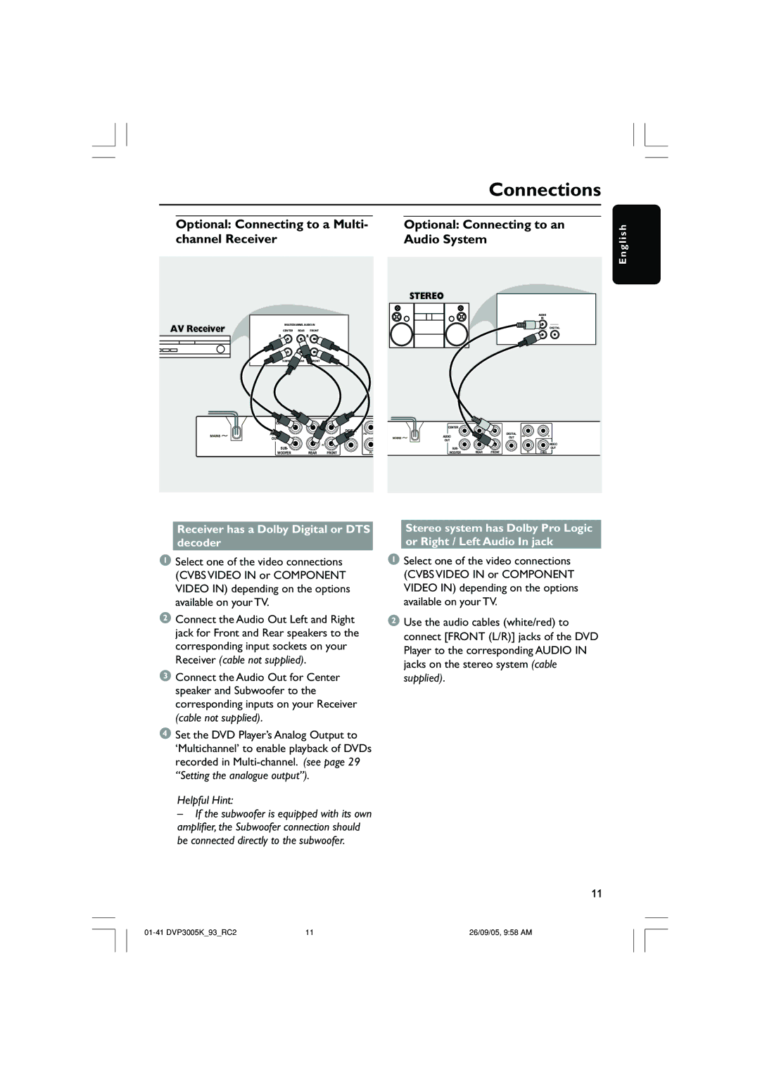 Philips DVP3005K/93 user manual Optional Connecting to a Multi- channel Receiver, Optional Connecting to an Audio System 