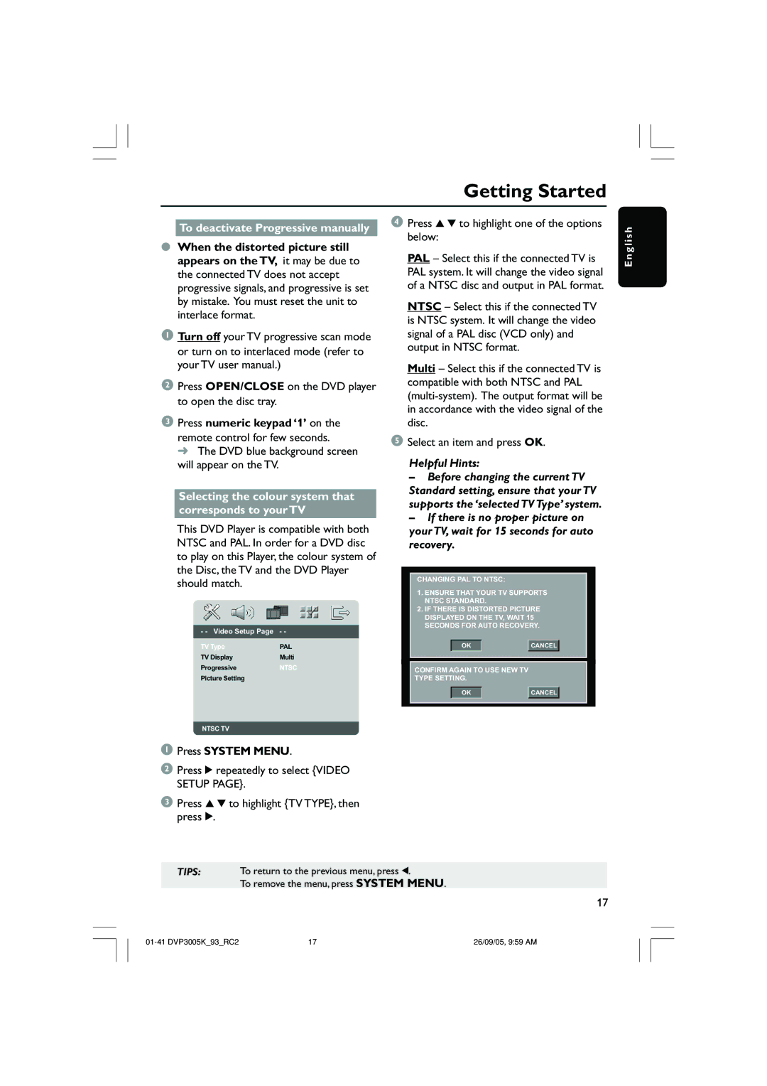 Philips DVP3005K/93 user manual Press 3 4 to highlight one of the options below, Helpful Hints 