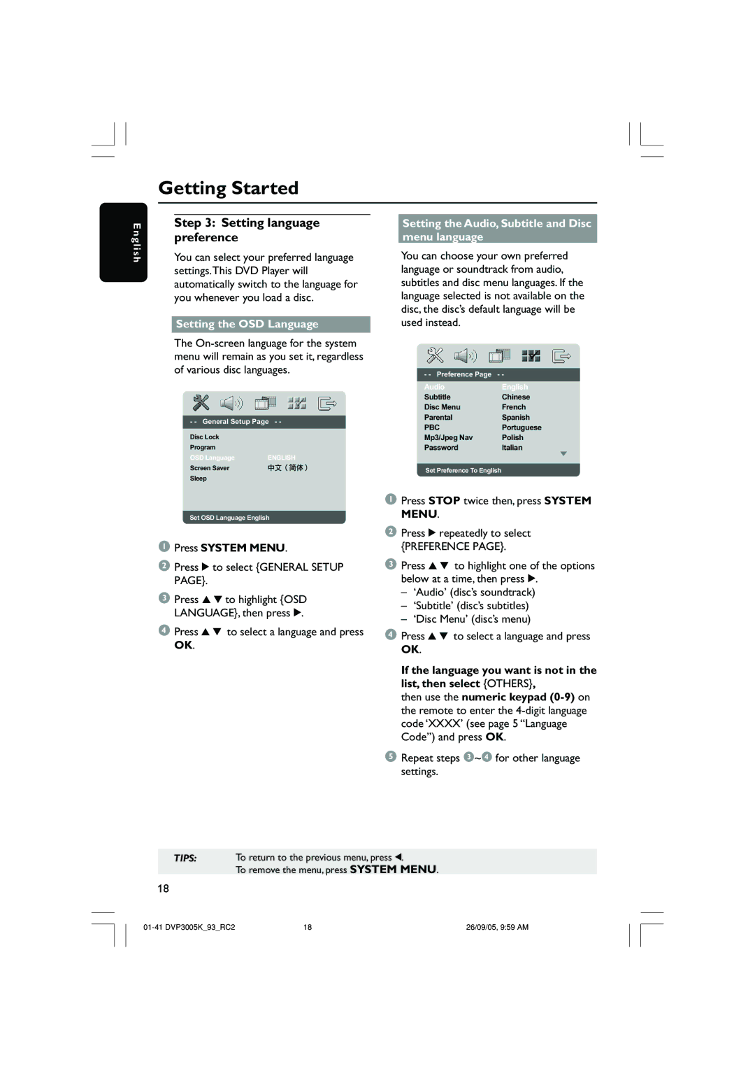 Philips DVP3005K/93 user manual Setting language preference, Setting the OSD Language 