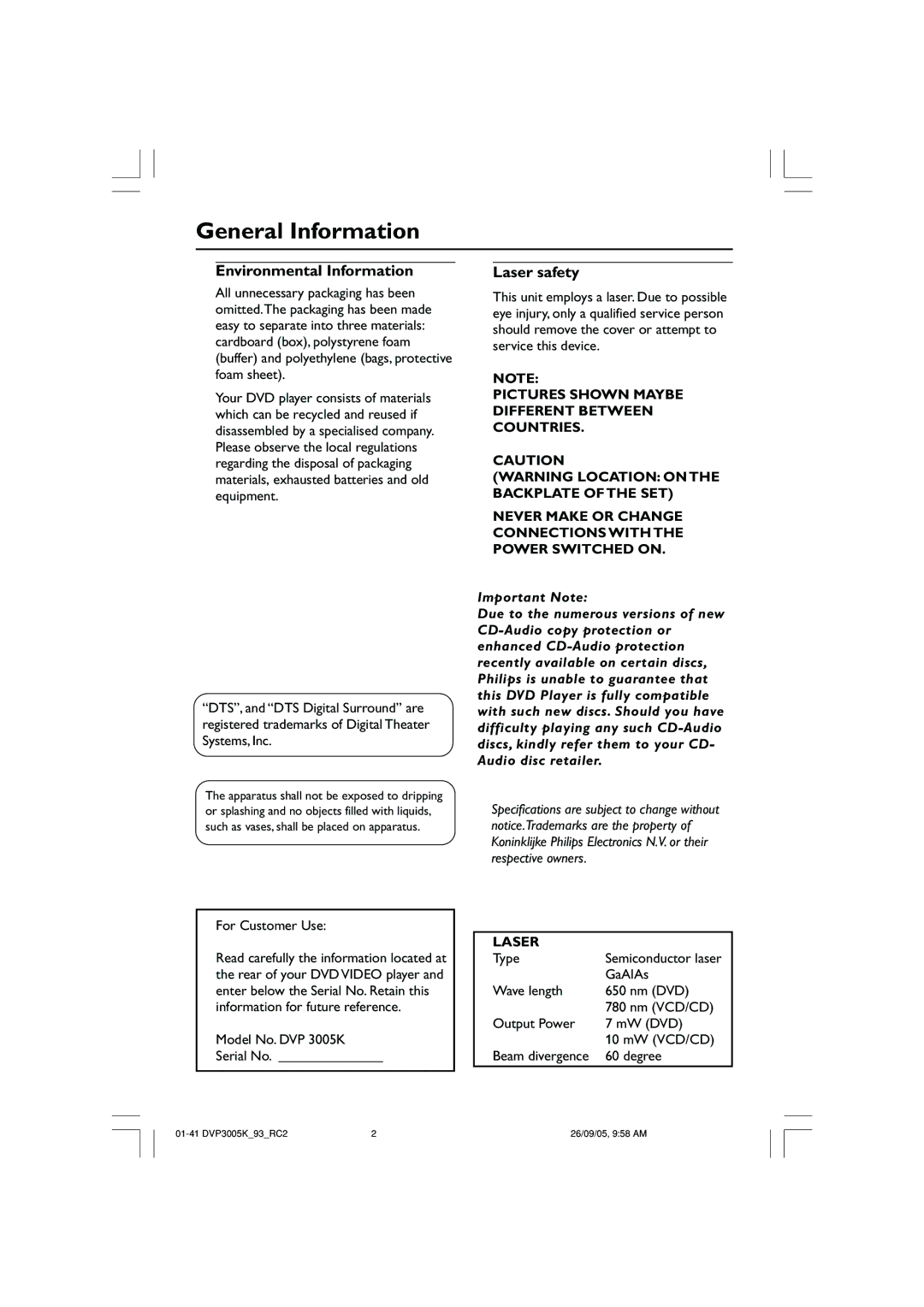 Philips DVP3005K/93 user manual General Information, Environmental Information, Laser safety 