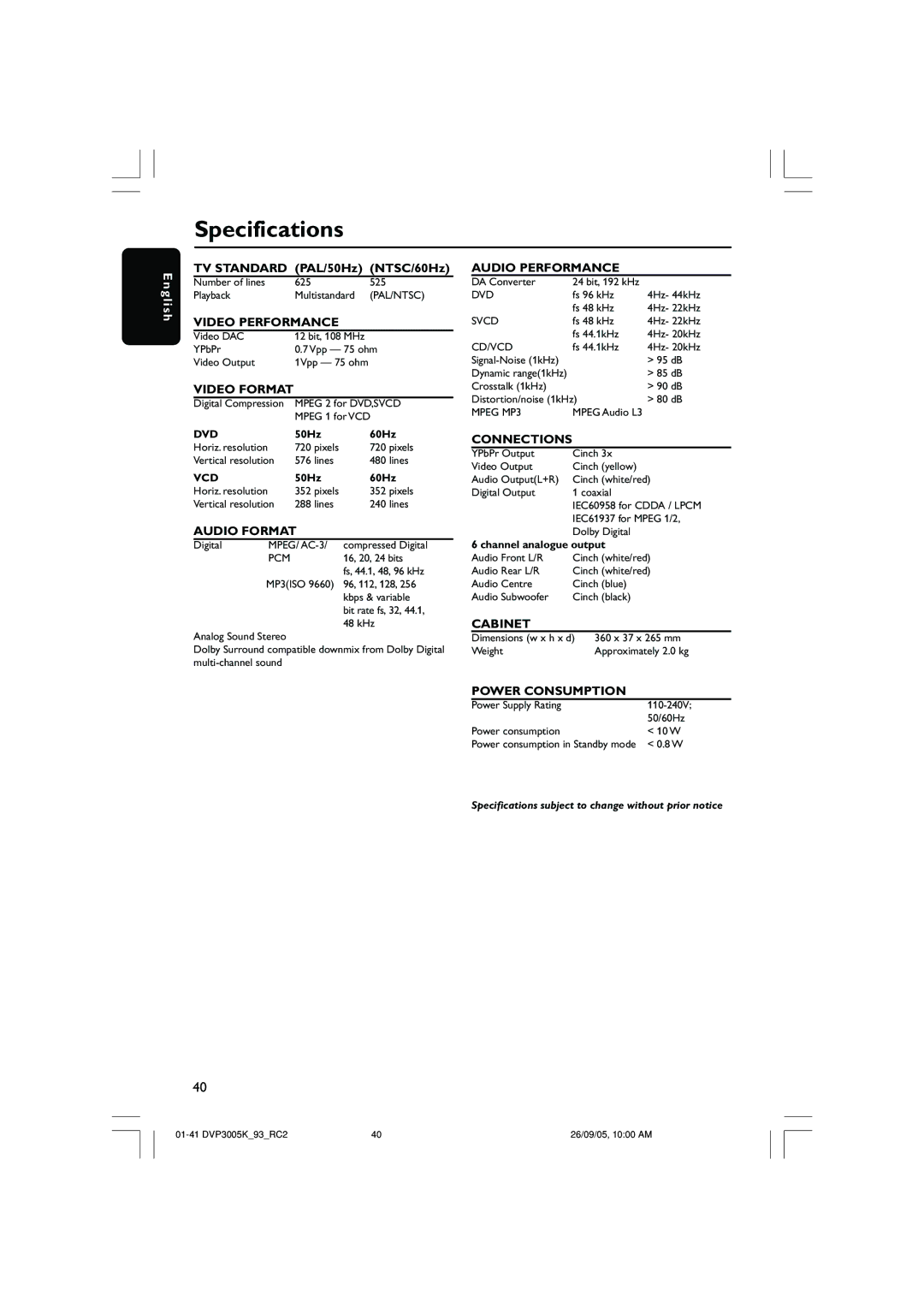 Philips DVP3005K/93 user manual Specifications, Video Format 