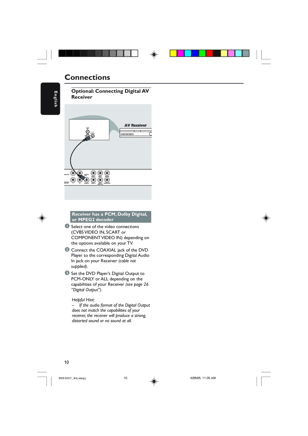 Philips DVP3007 user manual Optional Connecting Digital AV, Receiver has a PCM, Dolby Digital, or MPEG2 decoder 