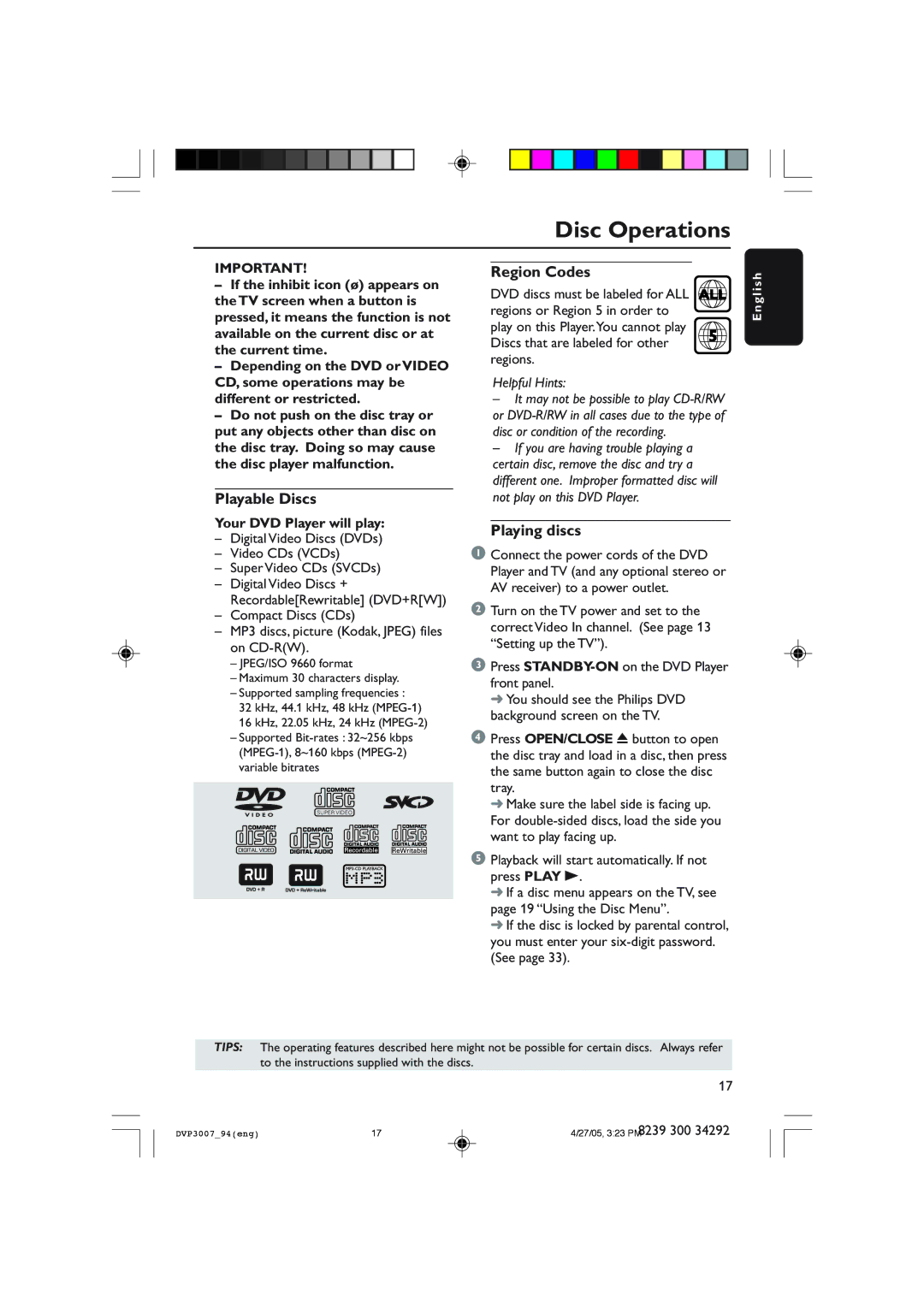 Philips DVP3007 user manual Disc Operations, Playable Discs, Region Codes, Playing discs, Your DVD Player will play 