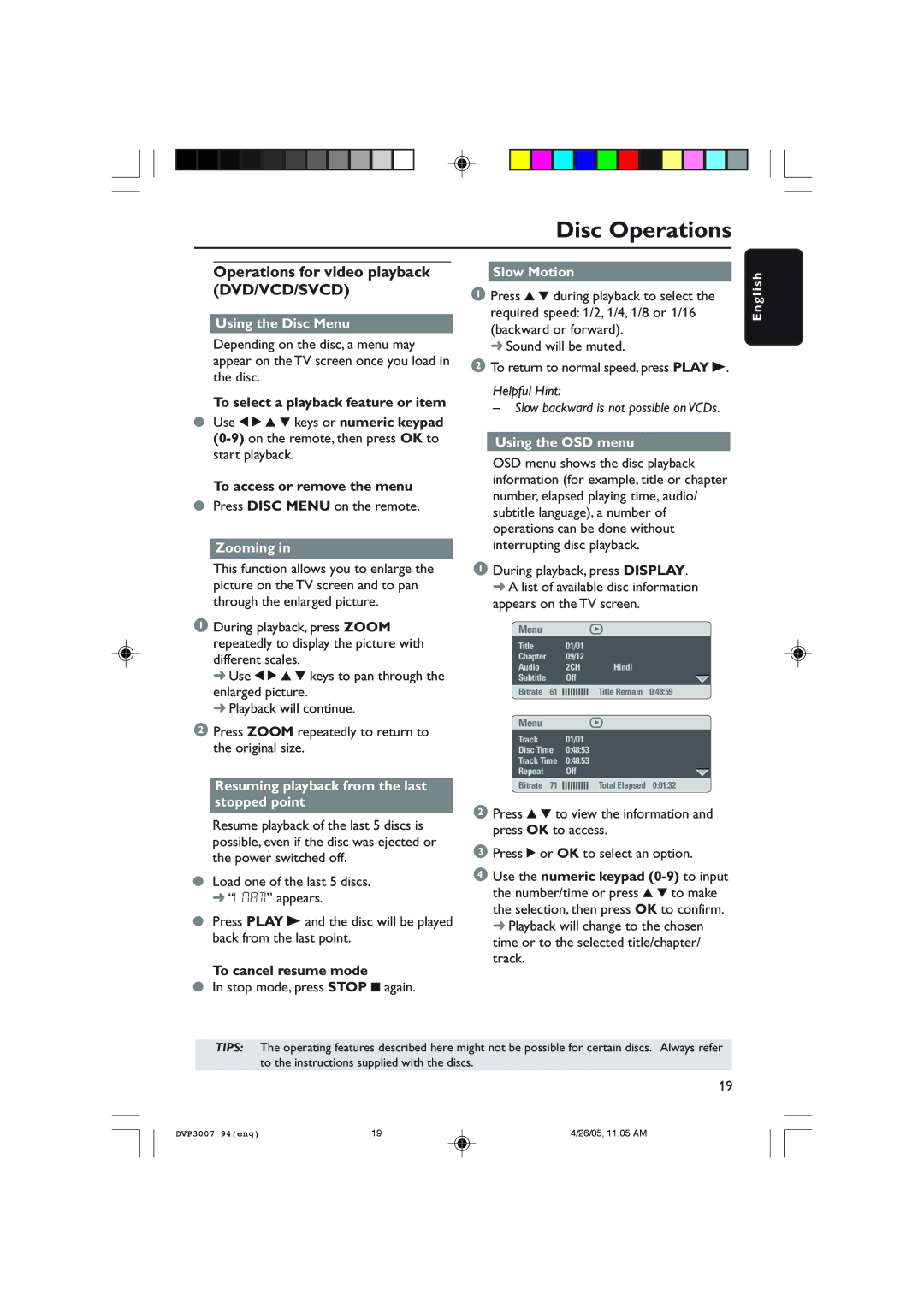 Philips DVP3007 user manual Operations for video playback DVD/VCD/SVCD 