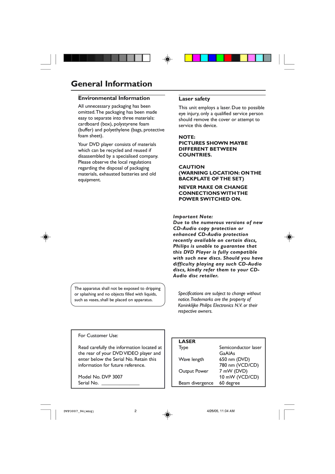 Philips DVP3007 user manual General Information, Environmental Information, Laser safety 