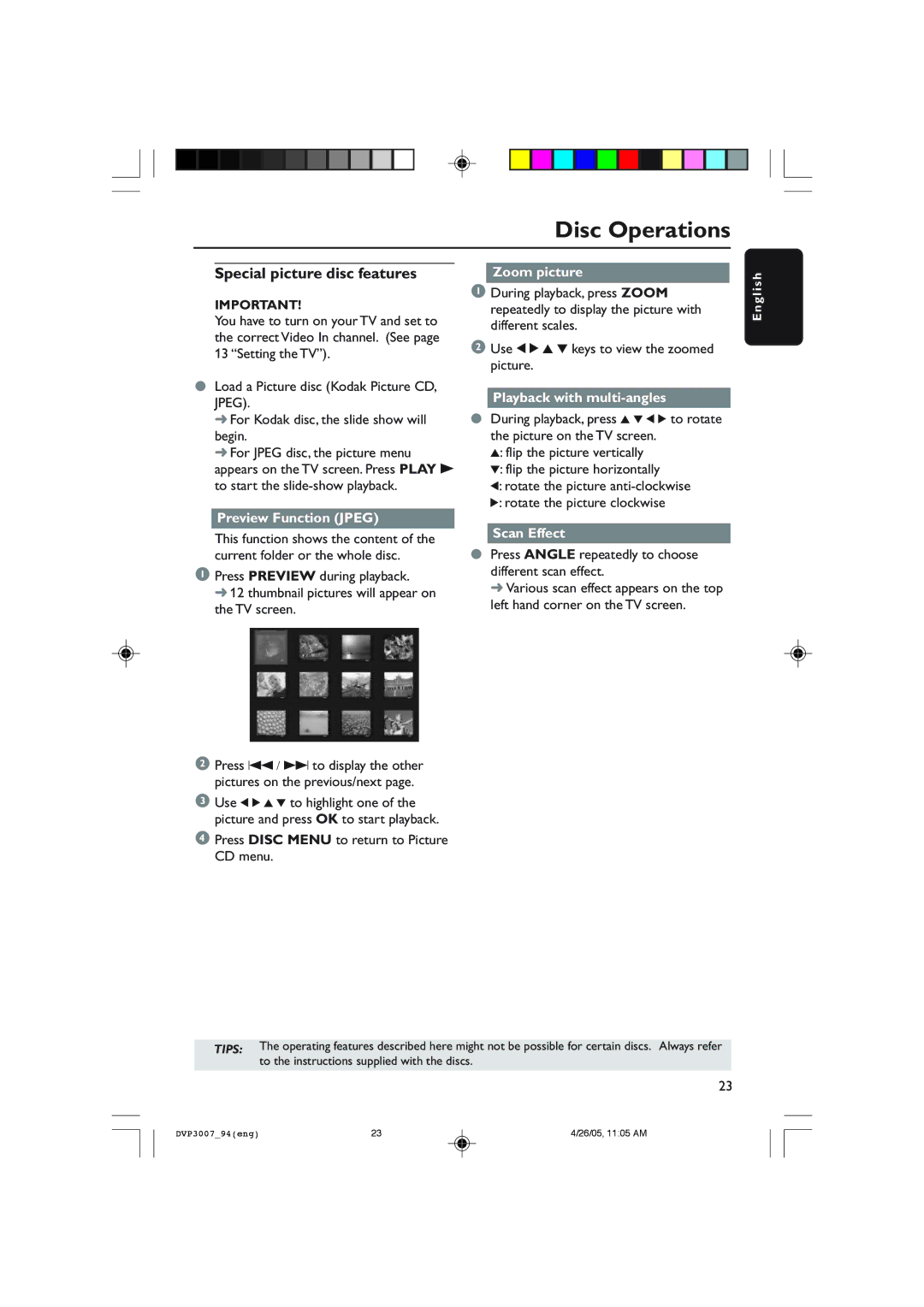 Philips DVP3007 user manual Special picture disc features, Preview Function Jpeg, Zoom picture, Playback with multi-angles 