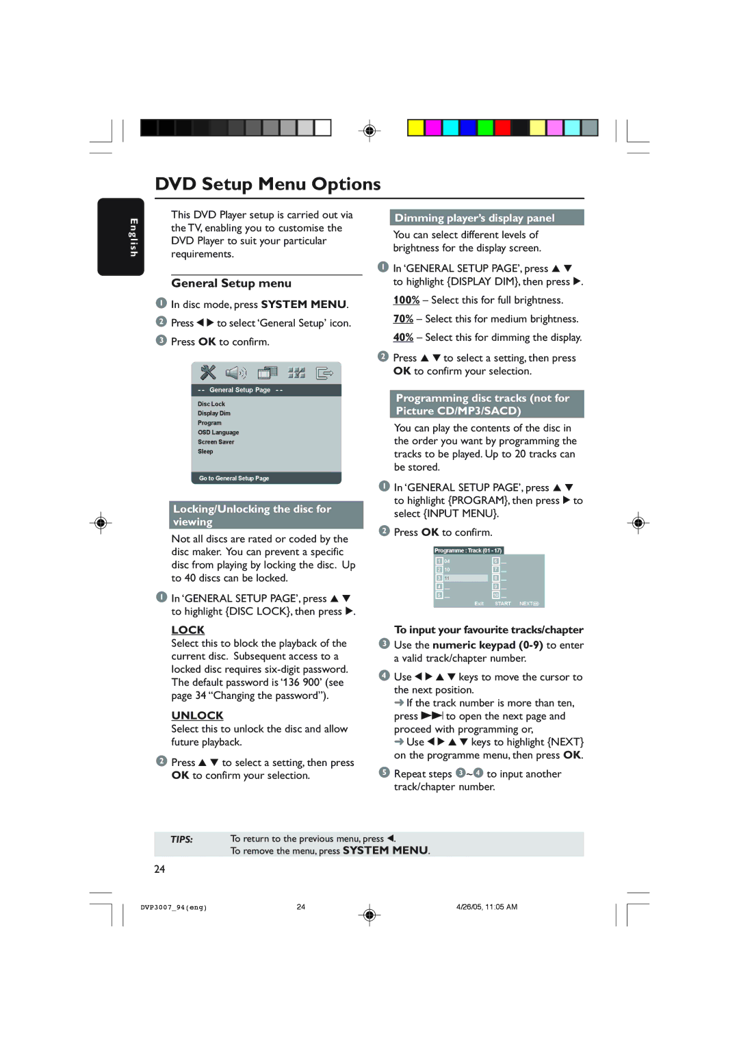 Philips DVP3007 user manual DVD Setup Menu Options, General Setup menu, Lock, Unlock 