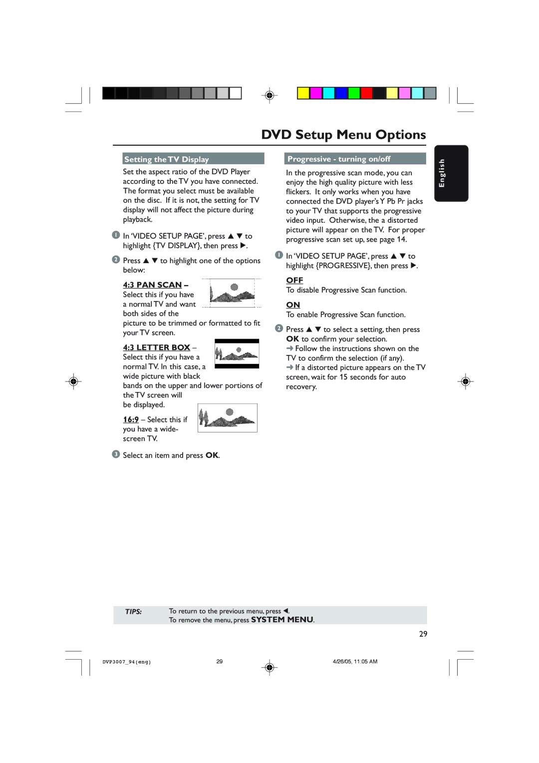 Philips DVP3007 user manual Setting the TV Display Progressive turning on/off 