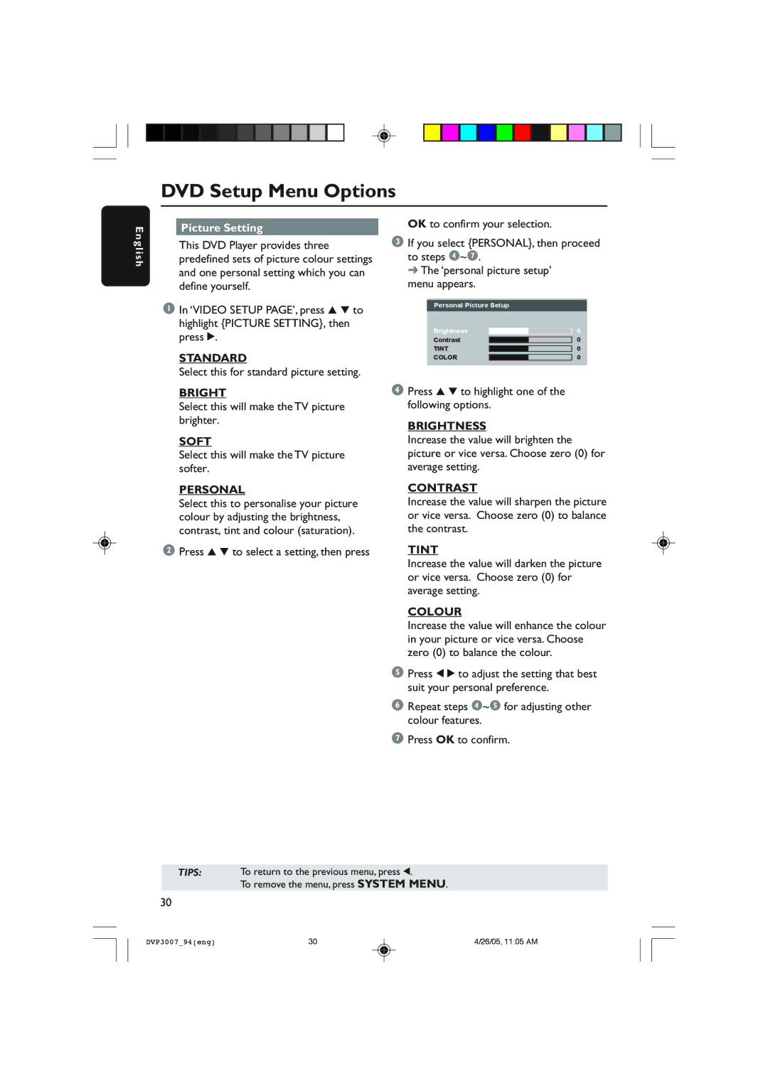 Philips DVP3007 user manual Standard, Soft, Personal, Brightness, Contrast, Tint, Colour 