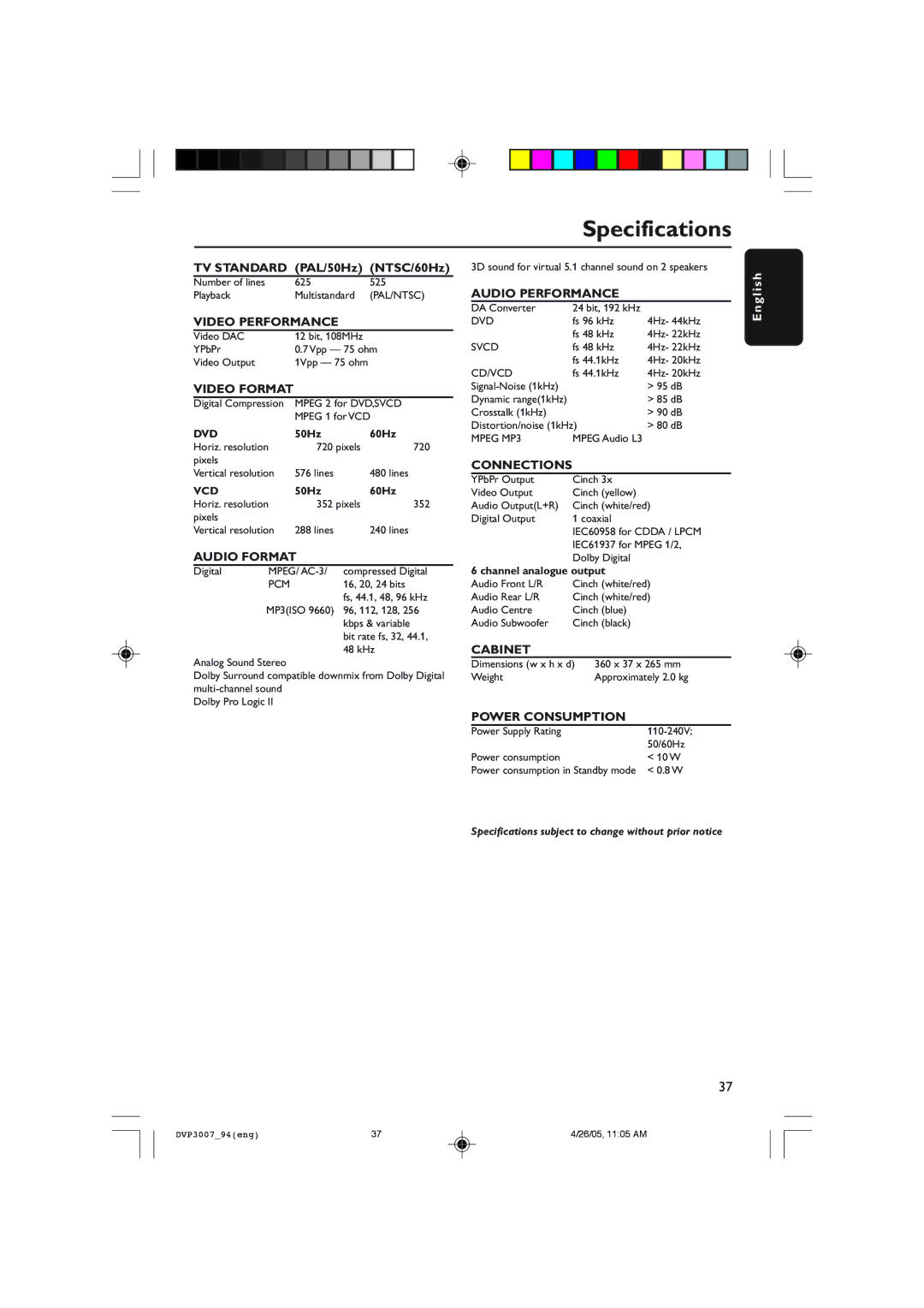 Philips DVP3007 user manual Specifications, Video Format 