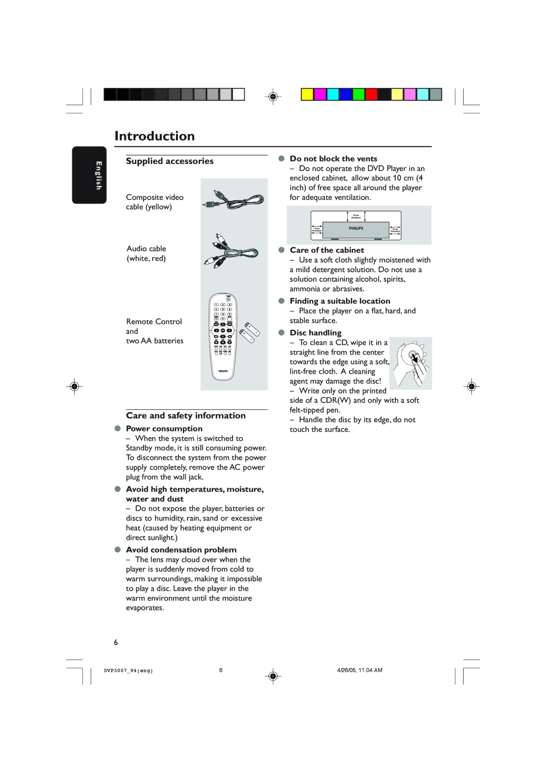 Philips DVP3007 user manual Introduction, Supplied accessories, Care and safety information 