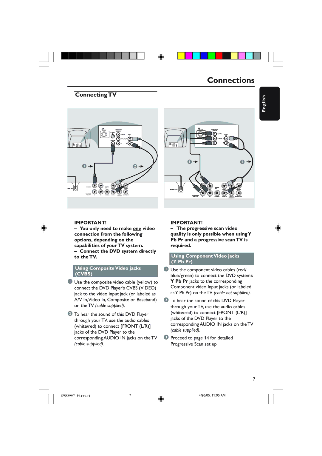 Philips DVP3007 user manual Connections, Using Composite Video jacks Cvbs, Using Component Video jacks Y Pb Pr 