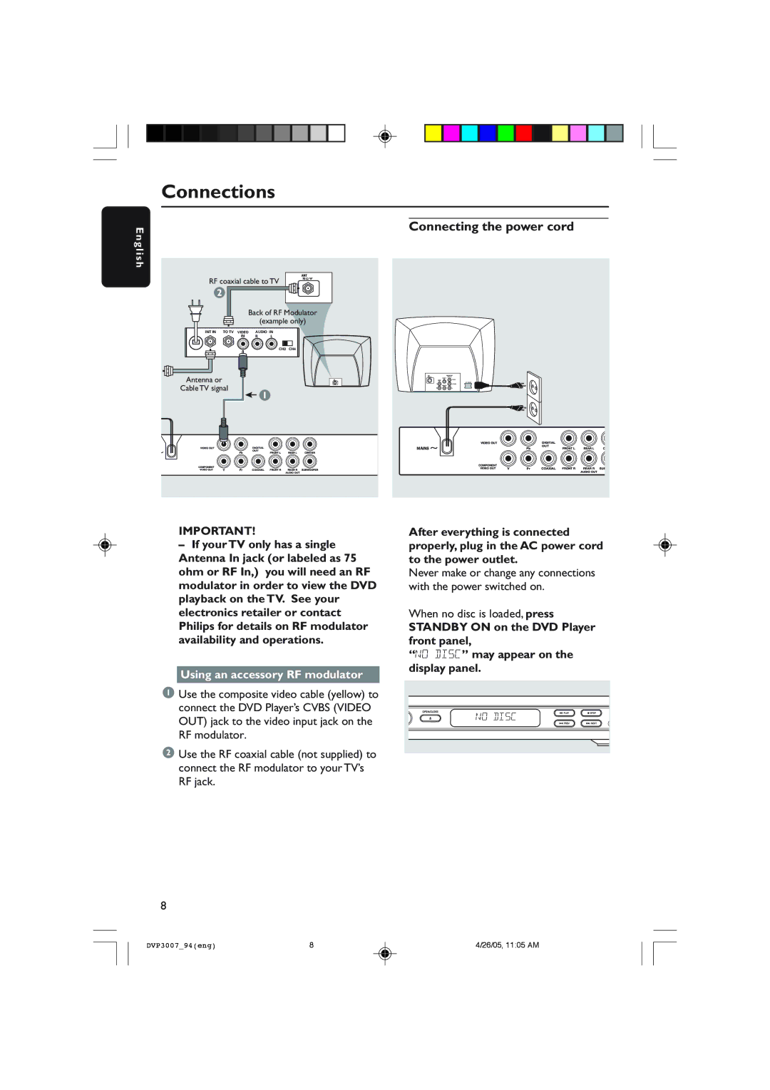 Philips DVP3007 user manual Connecting the power cord, Using an accessory RF modulator, When no disc is loaded, press 