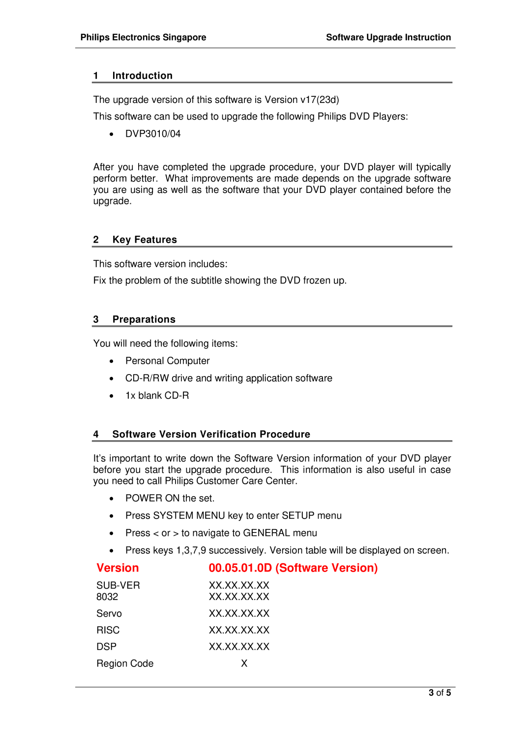 Philips DVP3010/04 manual Introduction, Key Features, Preparations, Software Version Verification Procedure 