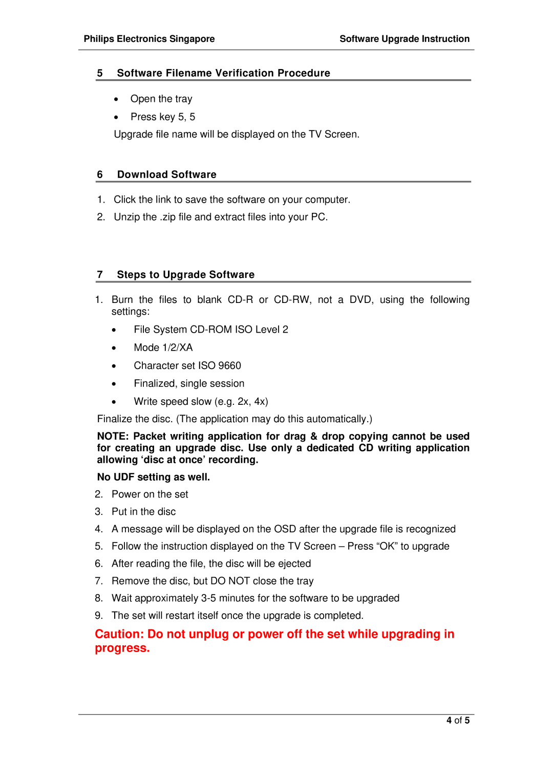 Philips DVP3010/04 manual Software Filename Verification Procedure, Download Software, Steps to Upgrade Software 