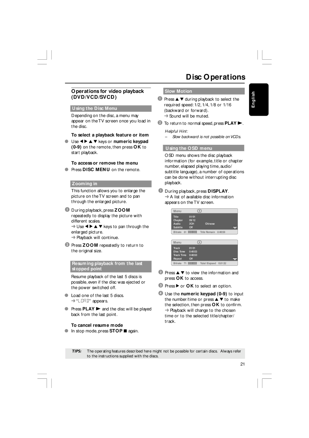 Philips DVP3012/02, DVP3010 user manual Operations for video playback DVD/VCD/SVCD 