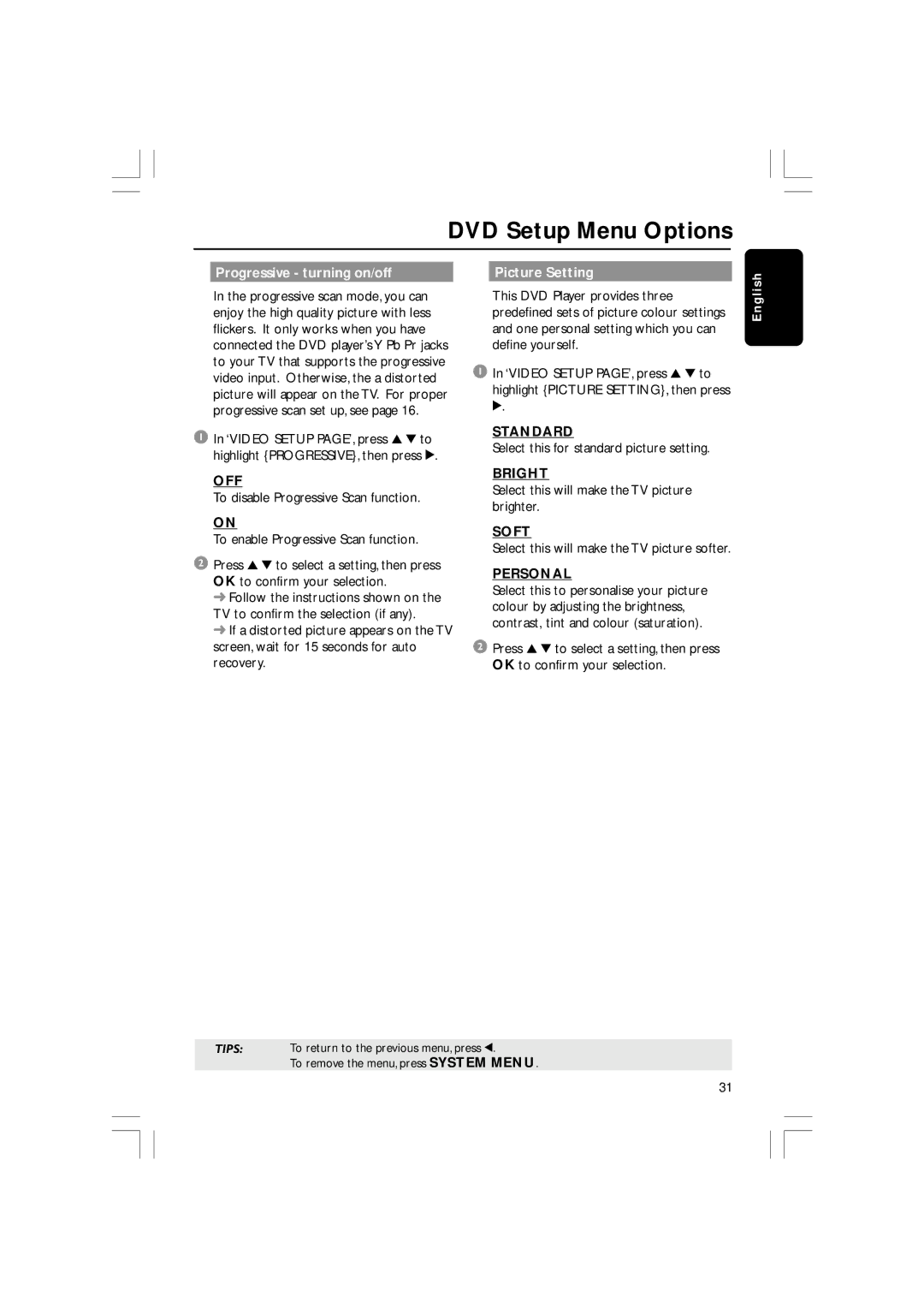 Philips DVP3010, DVP3012/02 user manual Progressive turning on/off Picture Setting, Standard, Bright, Soft, Personal 