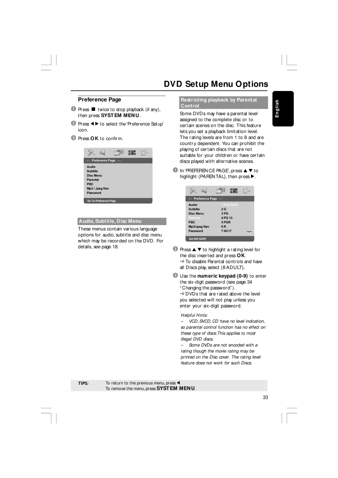 Philips DVP3012/02, DVP3010 user manual Preference, Audio, Subtitle, Disc Menu, Restricting playback by Parental Control 