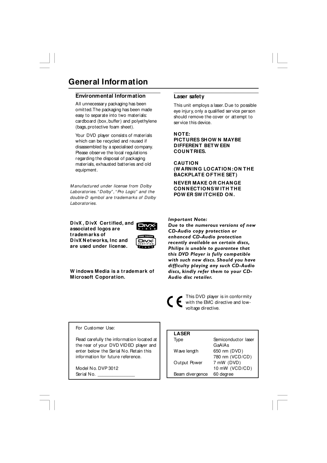 Philips DVP3010, DVP3012/02 user manual General Information, Environmental Information, Laser safety 