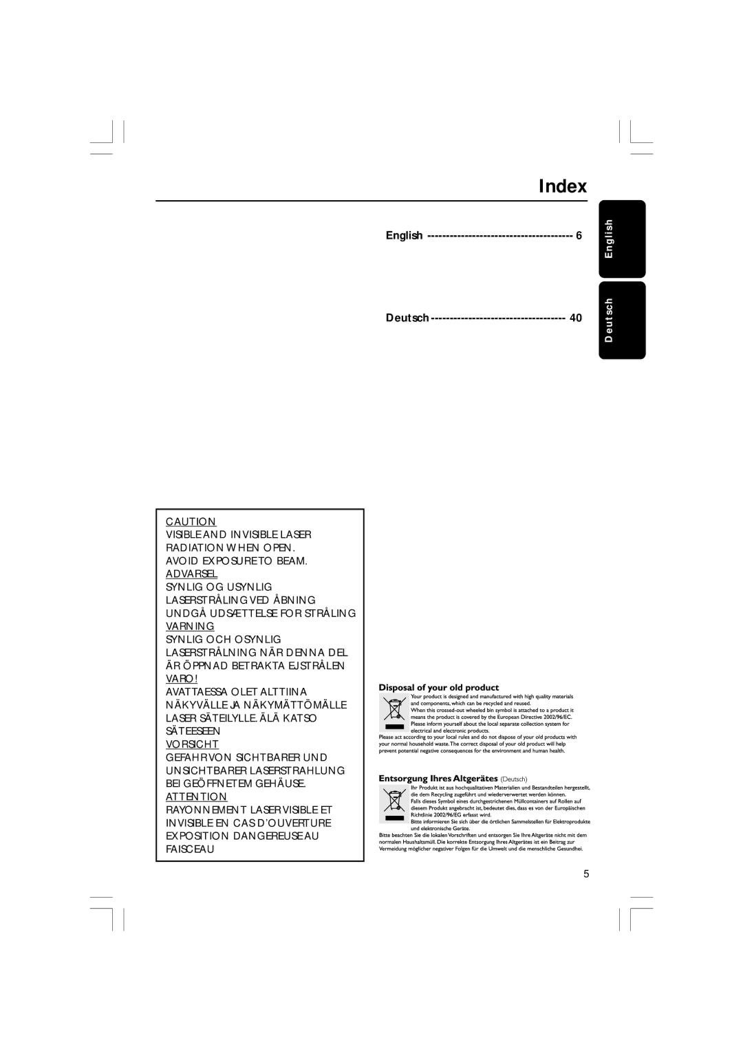 Philips DVP3012/02, DVP3010 user manual Index, English Deutsch 