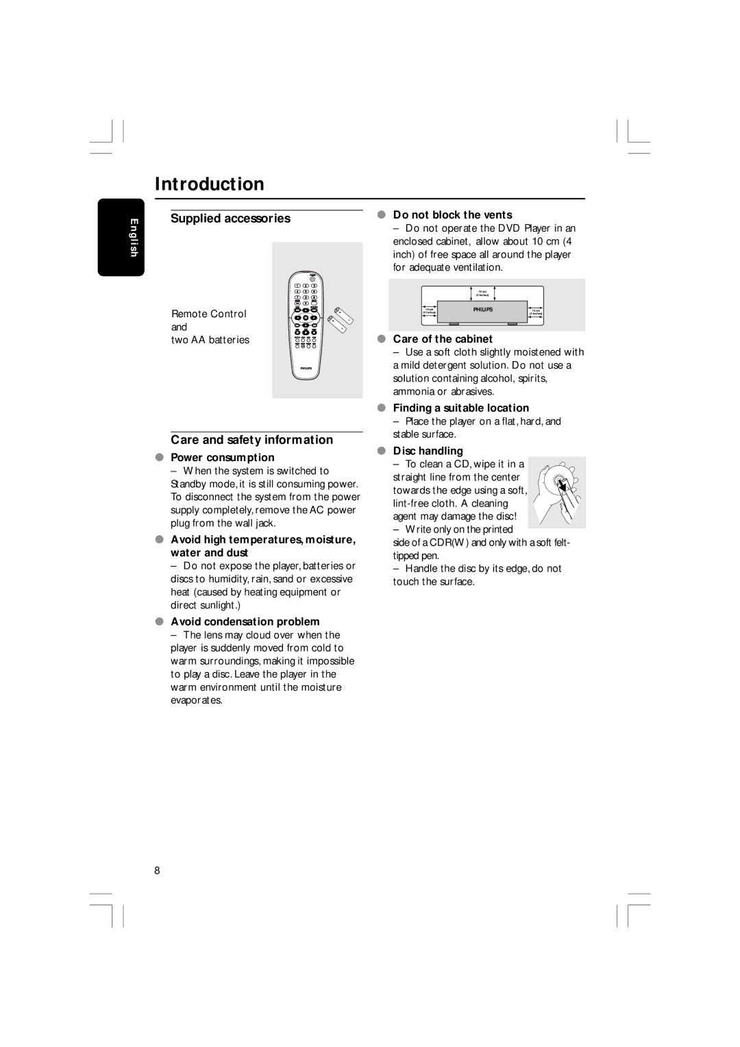 Philips DVP3012/02, DVP3010 user manual Introduction, Supplied accessories, Care and safety information 