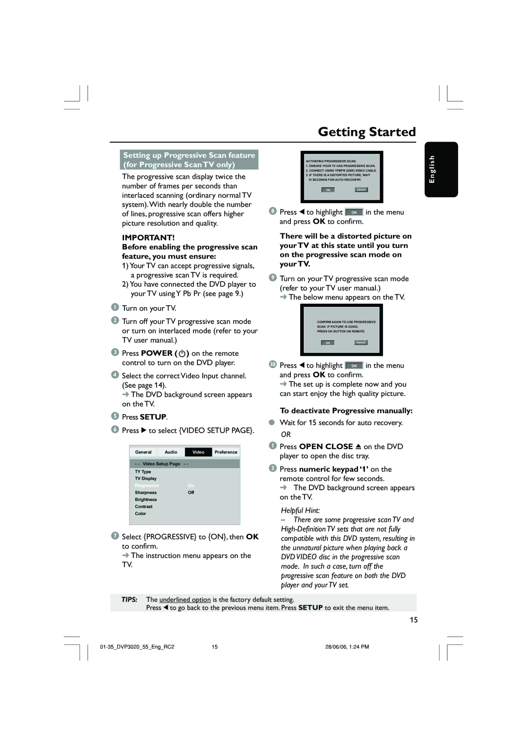 Philips DVP3020/74, DVP3020/55 user manual Below menu appears on the TV, To deactivate Progressive manually 