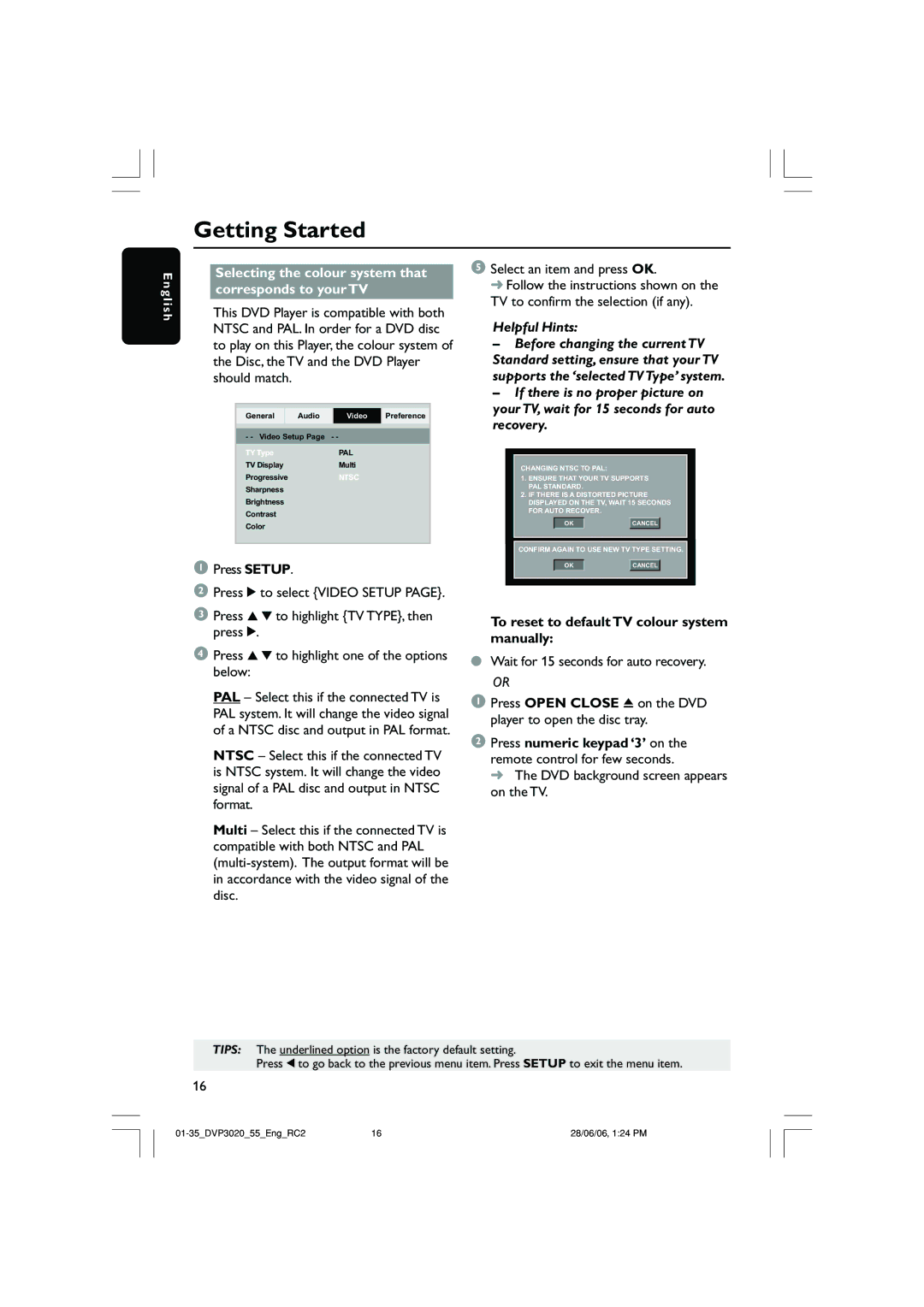 Philips DVP3020/55 Selecting the colour system that corresponds to your TV, To reset to default TV colour system manually 