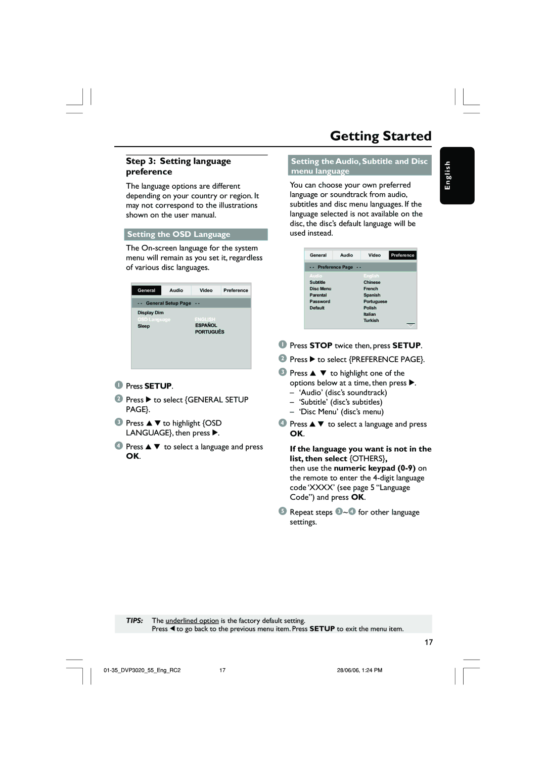 Philips DVP3020/74, DVP3020/55 user manual Setting language preference, Setting the OSD Language 