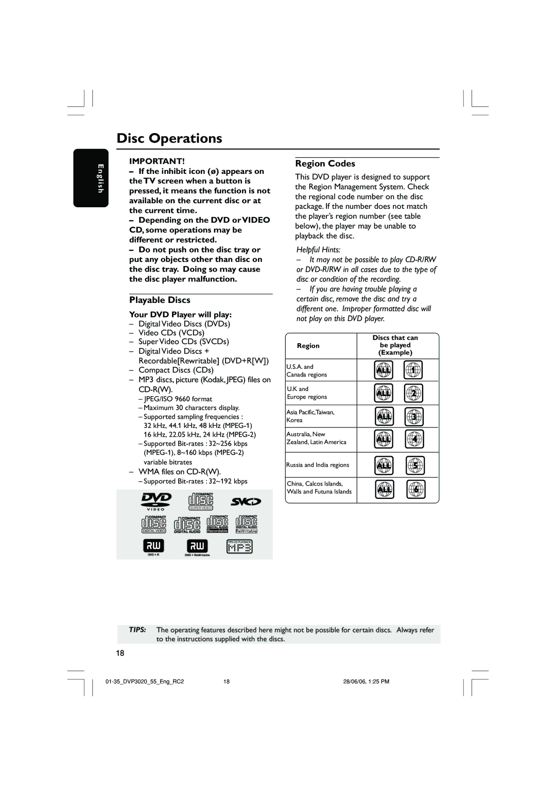 Philips DVP3020/55 user manual Disc Operations, Playable Discs, Region Codes, Your DVD Player will play, WMA files on CD-RW 