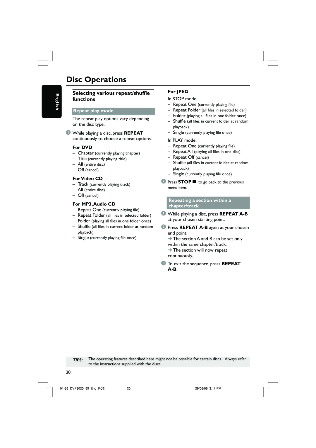 Philips DVP3020/55, DVP3020/74 user manual Selecting various repeat/shuffle functions, Repeat play mode 