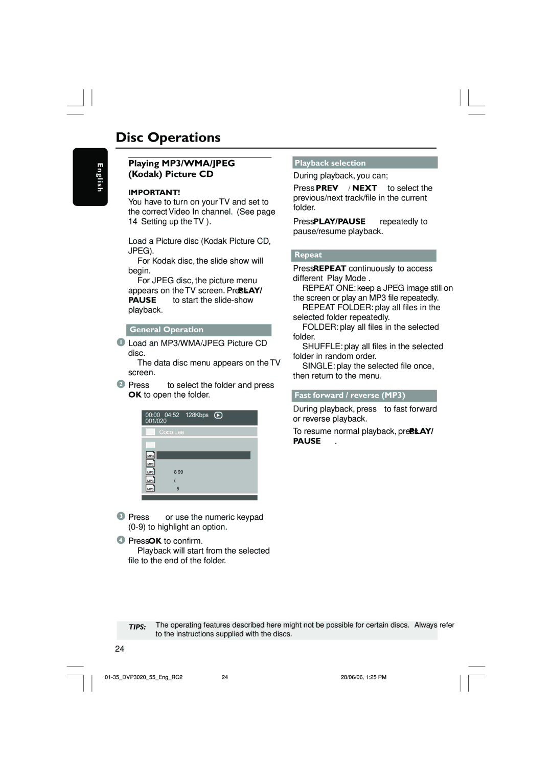 Philips DVP3020/55, DVP3020/74 Playing MP3/WMA/JPEG Kodak Picture CD, General Operation, Playback selection, Repeat 