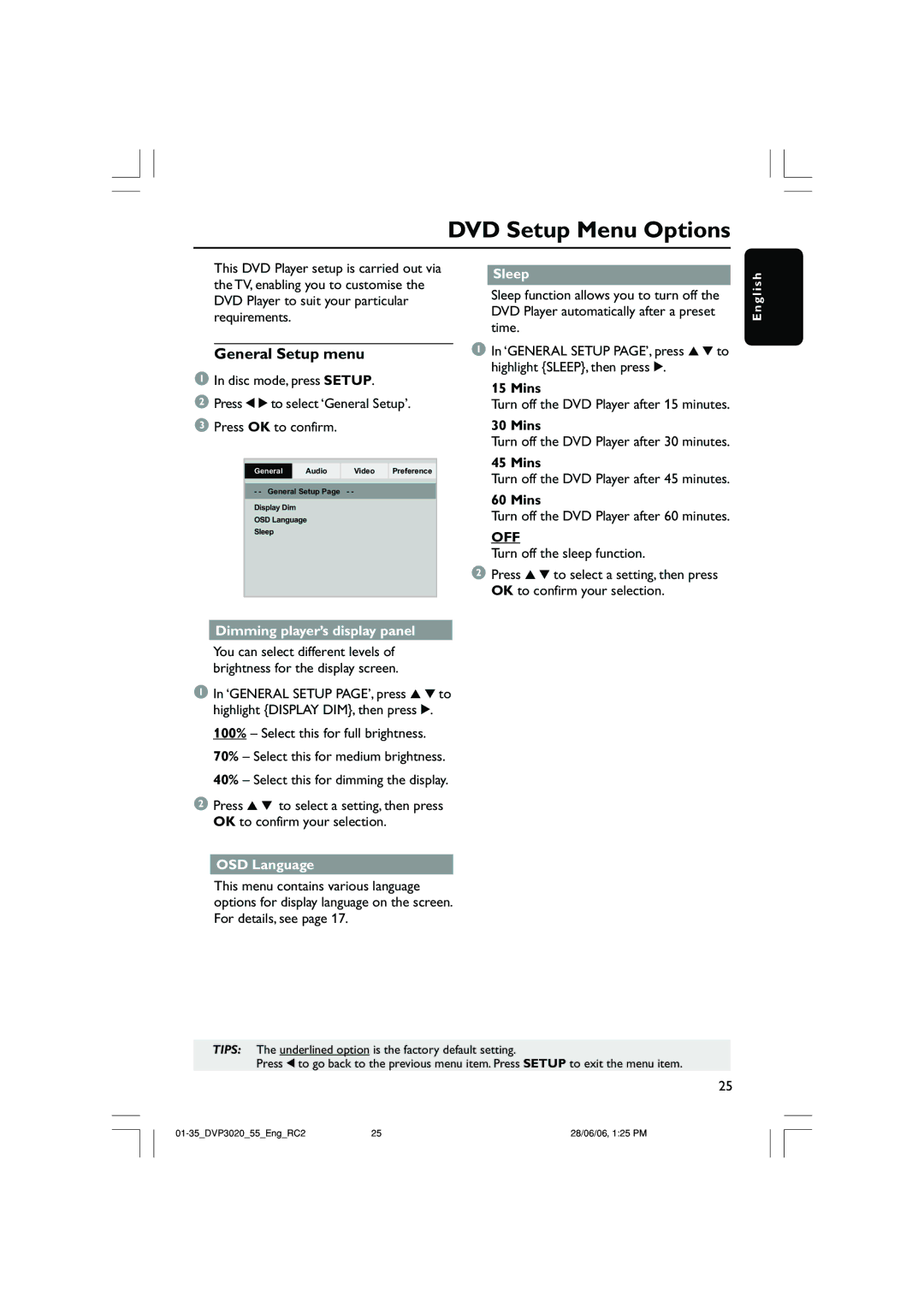 Philips DVP3020/74, DVP3020/55 user manual DVD Setup Menu Options, General Setup menu, Off 