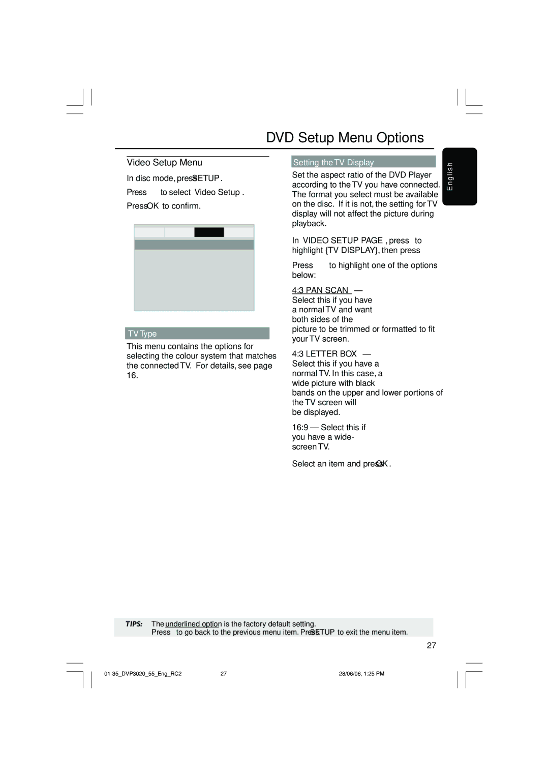 Philips DVP3020/74, DVP3020/55 user manual Video Setup Menu, TV Type, Setting the TV Display 