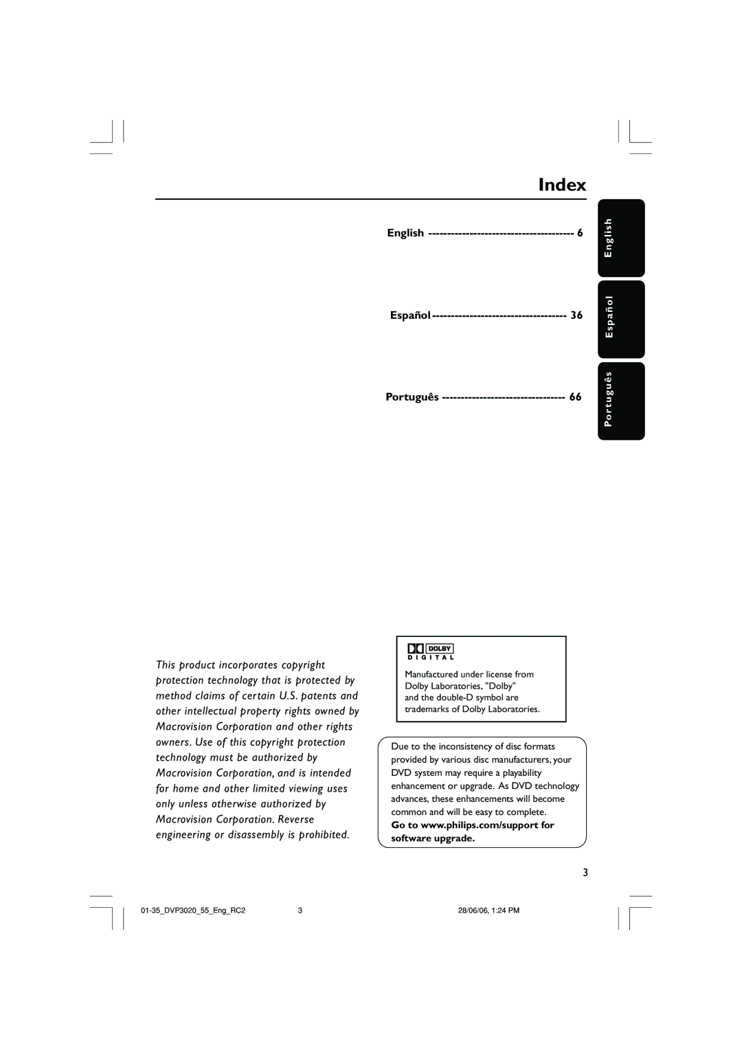 Philips DVP3020/74, DVP3020/55 user manual Index, English, Português 