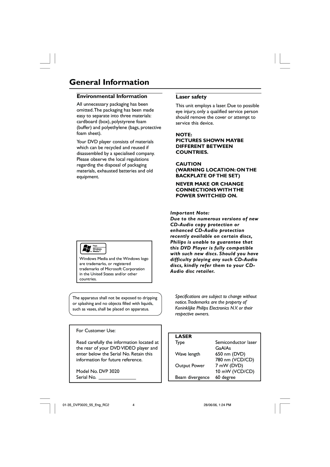 Philips DVP3020/55, DVP3020/74 user manual General Information, Environmental Information, Laser safety 