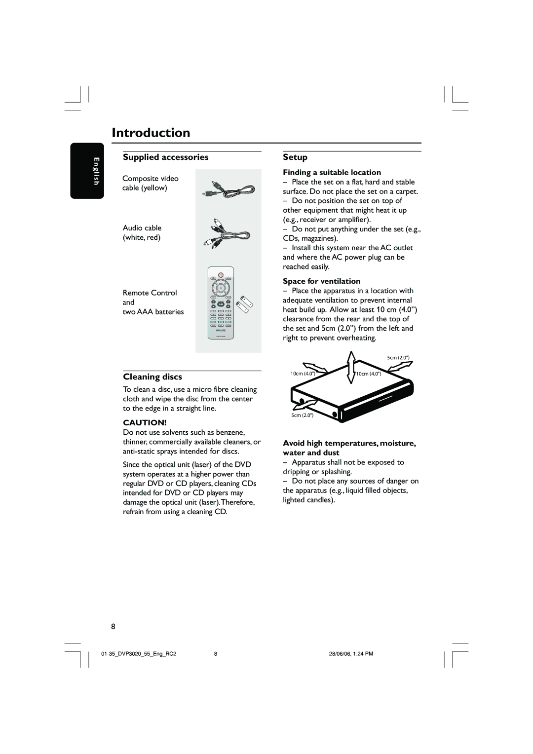 Philips DVP3020/55, DVP3020/74 user manual Introduction, Supplied accessories, Cleaning discs, Setup 