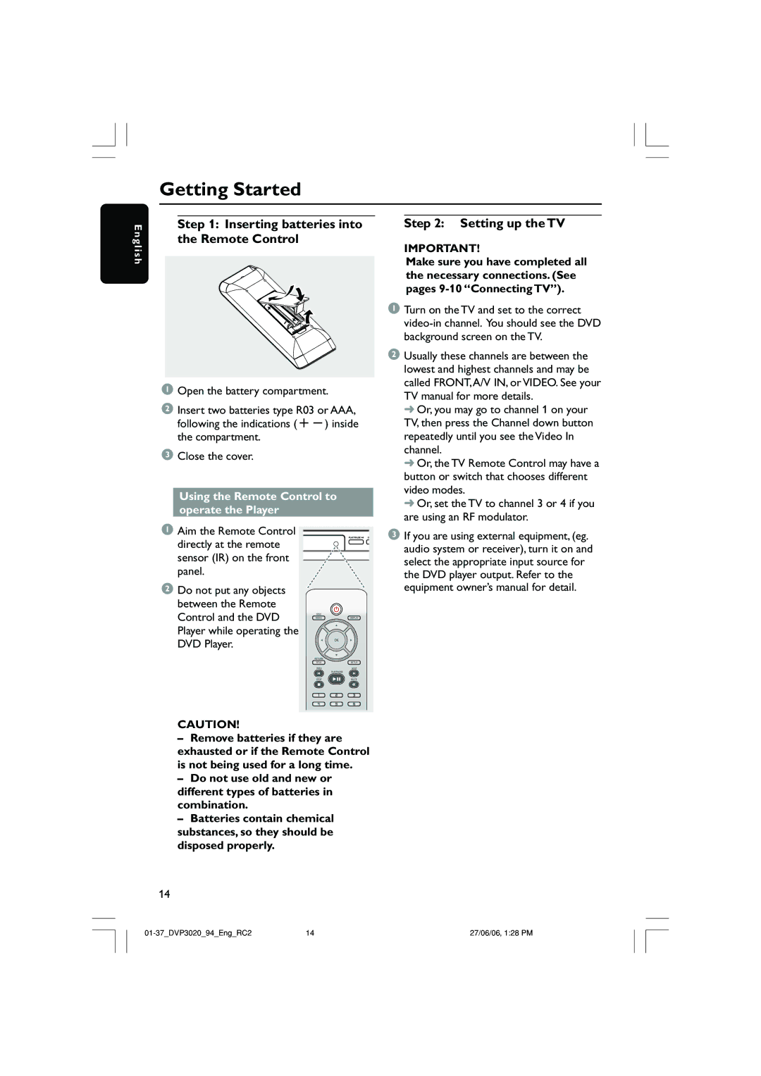 Philips DVP3020/94 user manual Getting Started, Inserting batteries into the Remote Control, Setting up the TV 